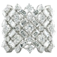 Round & Emerald Cut 3.35 Carat Diamond Cigar Band Wide Ring 18k White Gold