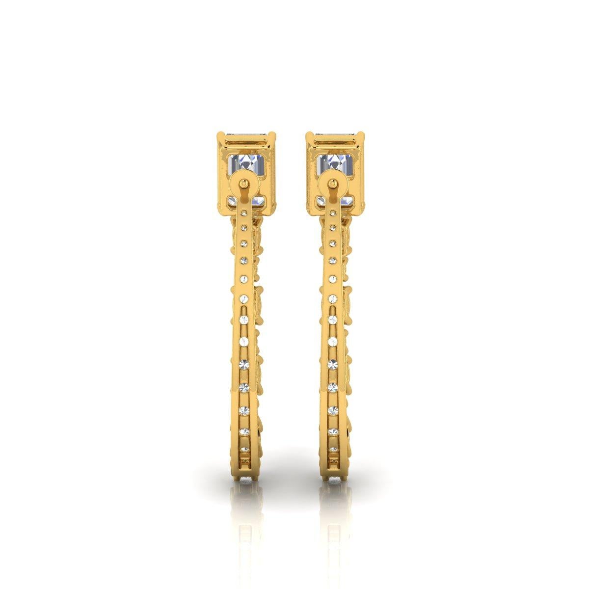 Modern Round Emerald Cut 3.8 Carat SI/H Brilliant Cut Diamond Yellow Gold Hoop Earrings For Sale