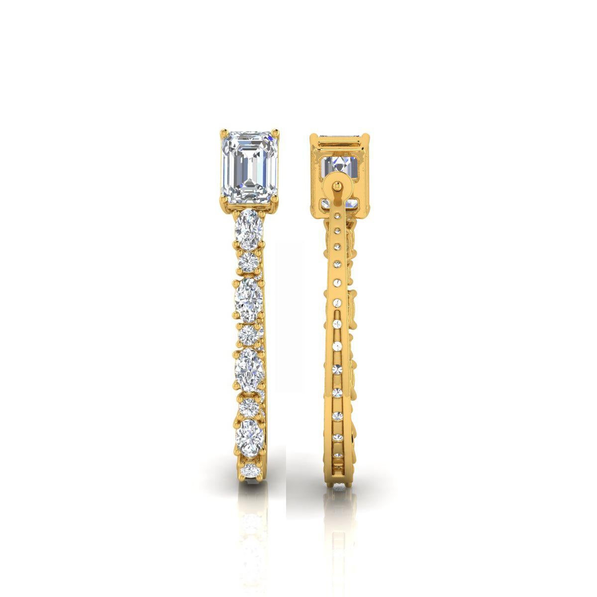 Women's Round Emerald Cut 3.8 Carat SI/H Brilliant Cut Diamond Yellow Gold Hoop Earrings For Sale