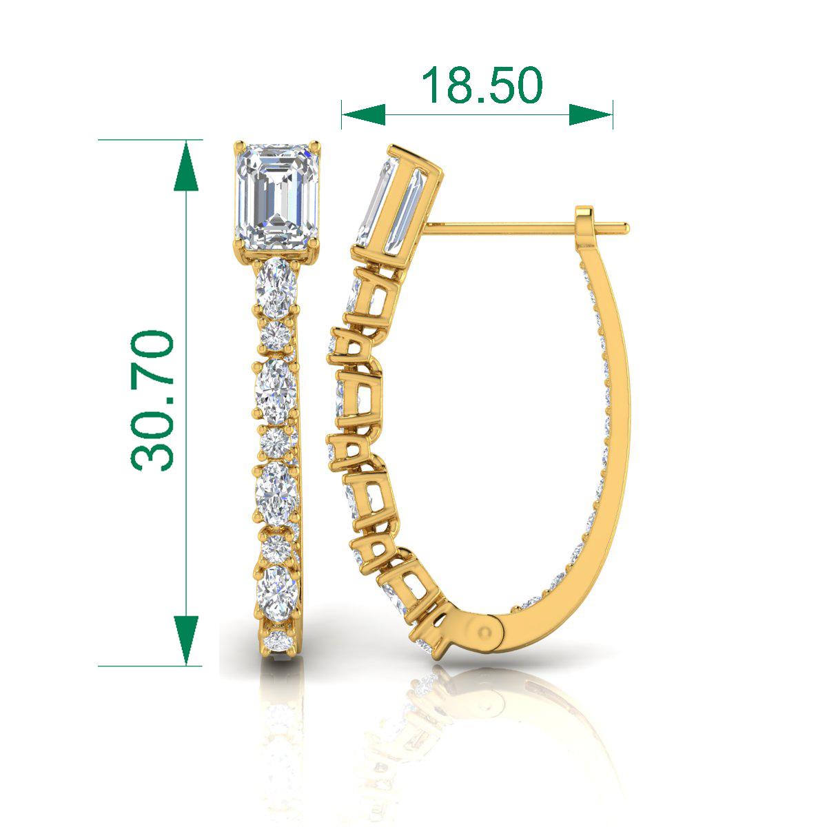 Round Emerald Cut 3.8 Carat SI/H Brilliant Cut Diamond Yellow Gold Hoop Earrings For Sale 4