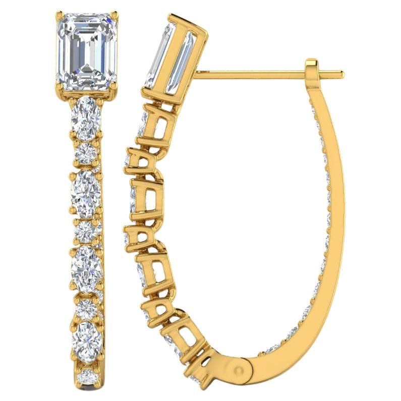 Round Emerald Cut 3.8 Carat SI/H Brilliant Cut Diamond Yellow Gold Hoop Earrings