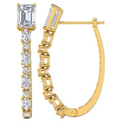 Round Emerald Cut 3.8 Carat SI/H Brilliant Cut Diamond Yellow Gold Hoop Earrings