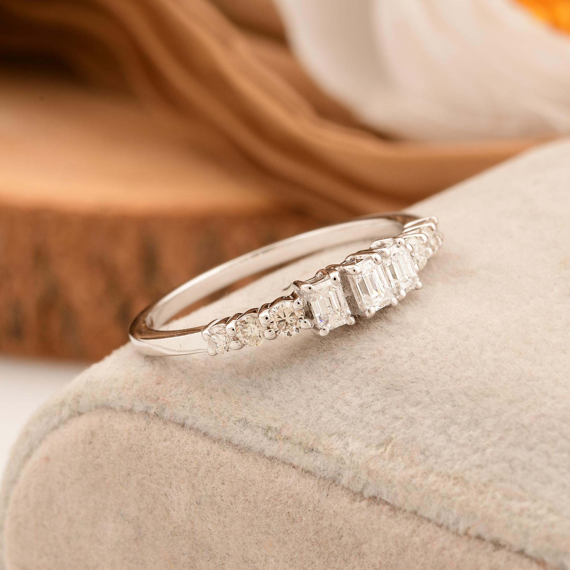 Modern Round & Emerald Cut Diamond Band Ring 18 Karat White Gold Handmade Fine Jewelry For Sale