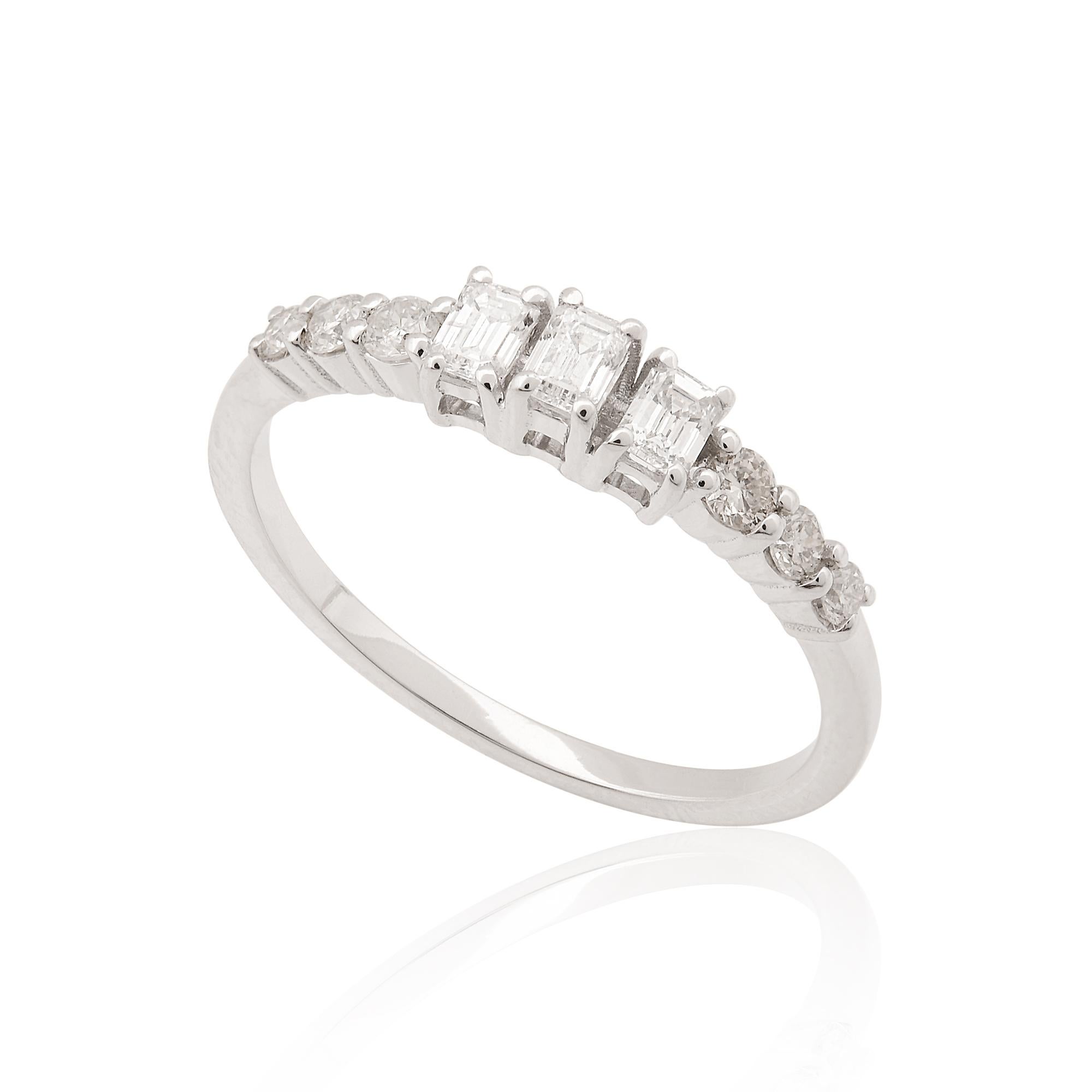 Women's Round & Emerald Cut Diamond Band Ring 18 Karat White Gold Handmade Fine Jewelry For Sale