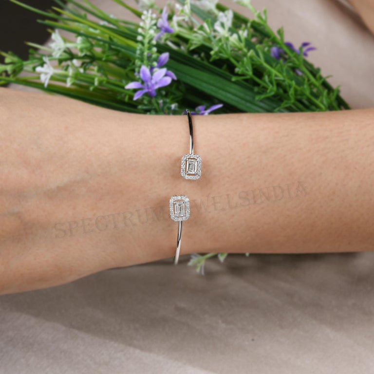 Round and Emerald Cut Diamond Cuff Bangle Bracelet 18 Karat White Gold