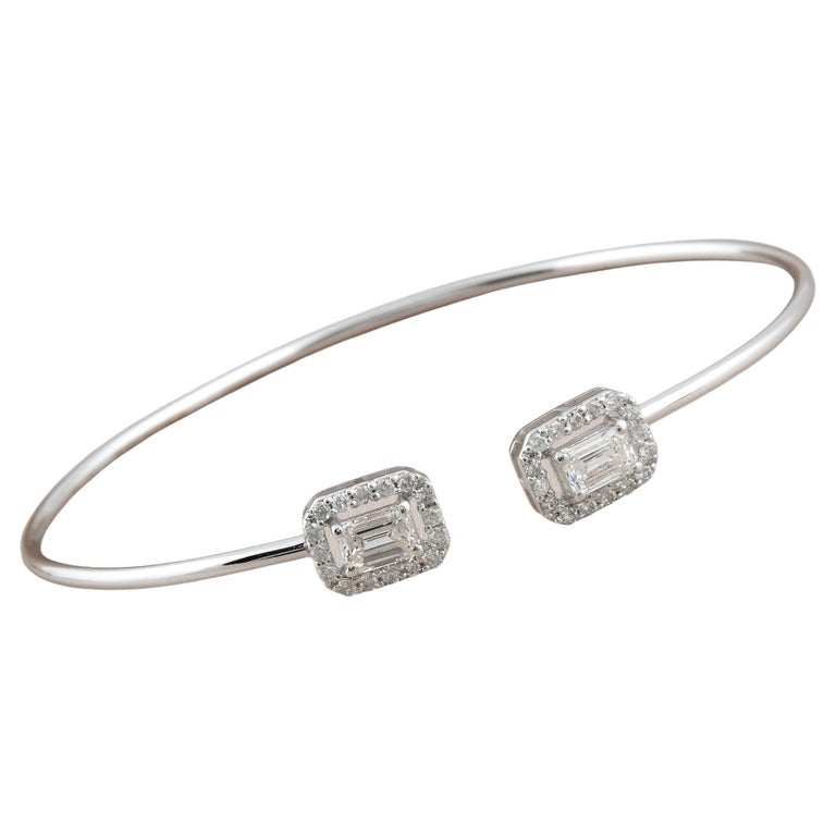 Round and Emerald Cut Diamond Cuff Bangle Bracelet 18 Karat White Gold
