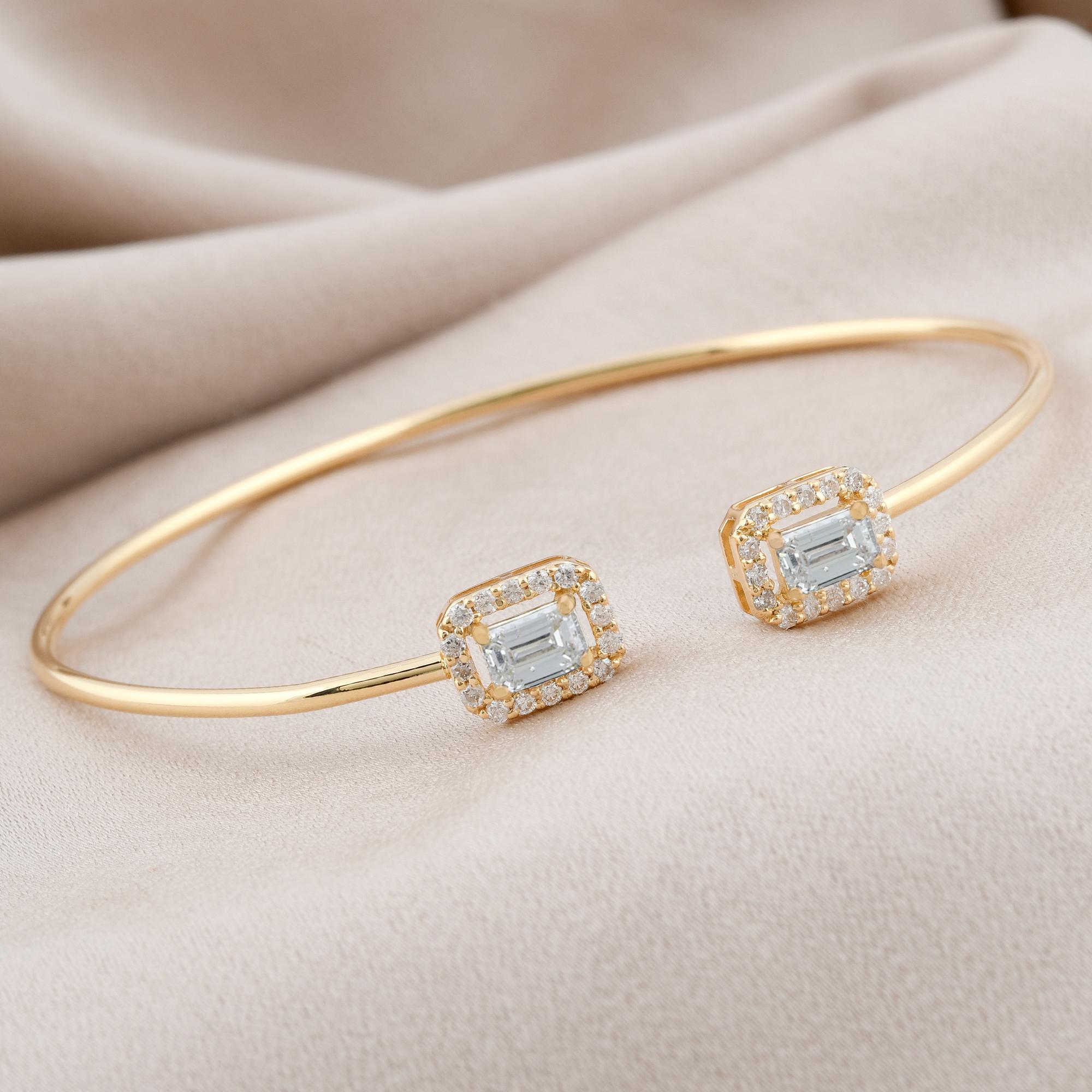 Women's Round & Emerald Cut Diamond Cuff Bangle Bracelet 18 Karat Yellow Gold Jewelry For Sale