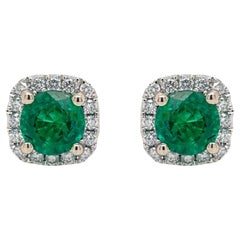 Round Emerald 
Diamond Halo Stud Earrings in 18K White Gold