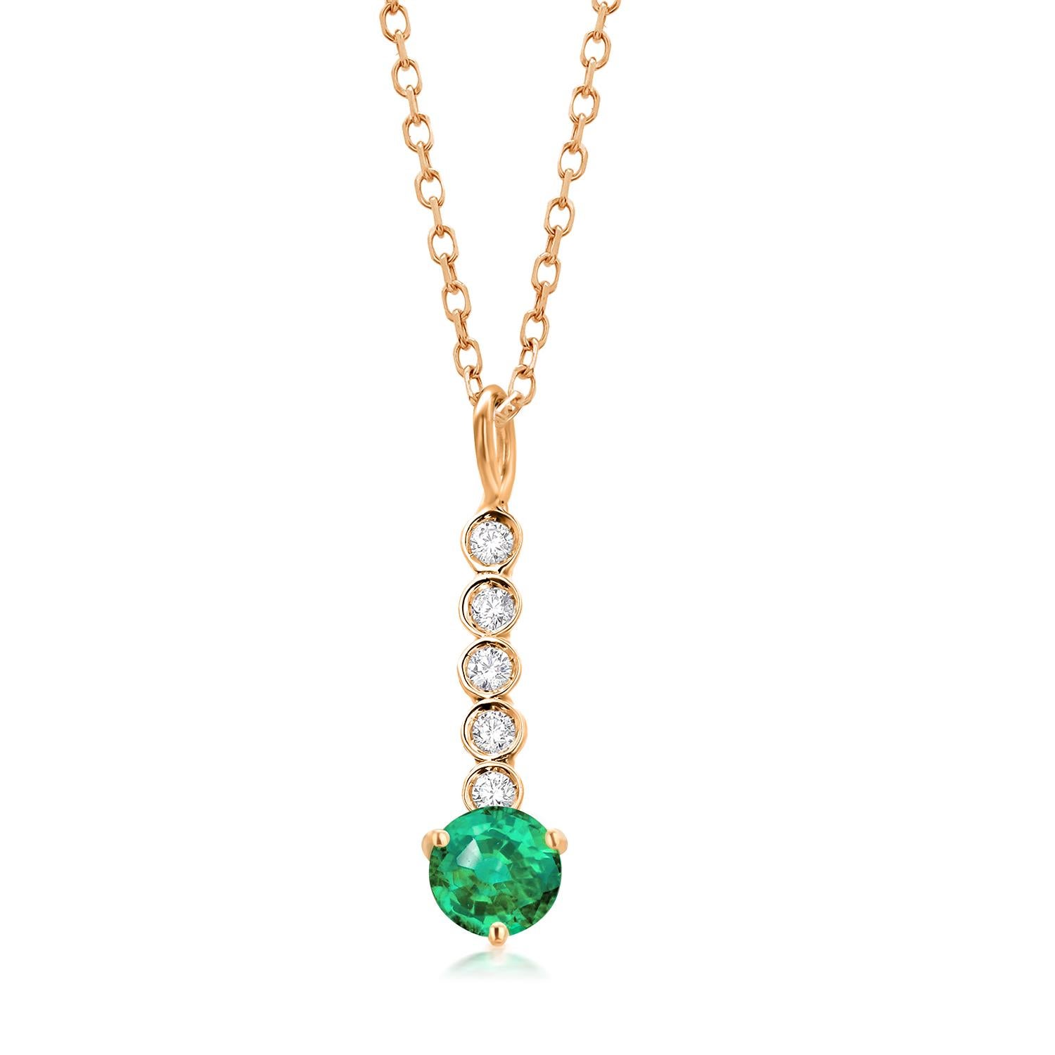Round Emerald Diamond 0.55 Carat Lariat 14 Karat Yellow Gold  Necklace Pendant For Sale 1