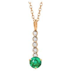 Round Emerald Diamond Lariat 14 Karat Yellow Gold  Necklace Pendant