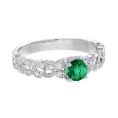 Round Emerald & Diamond Leaves Filigree Band White Gold Ring