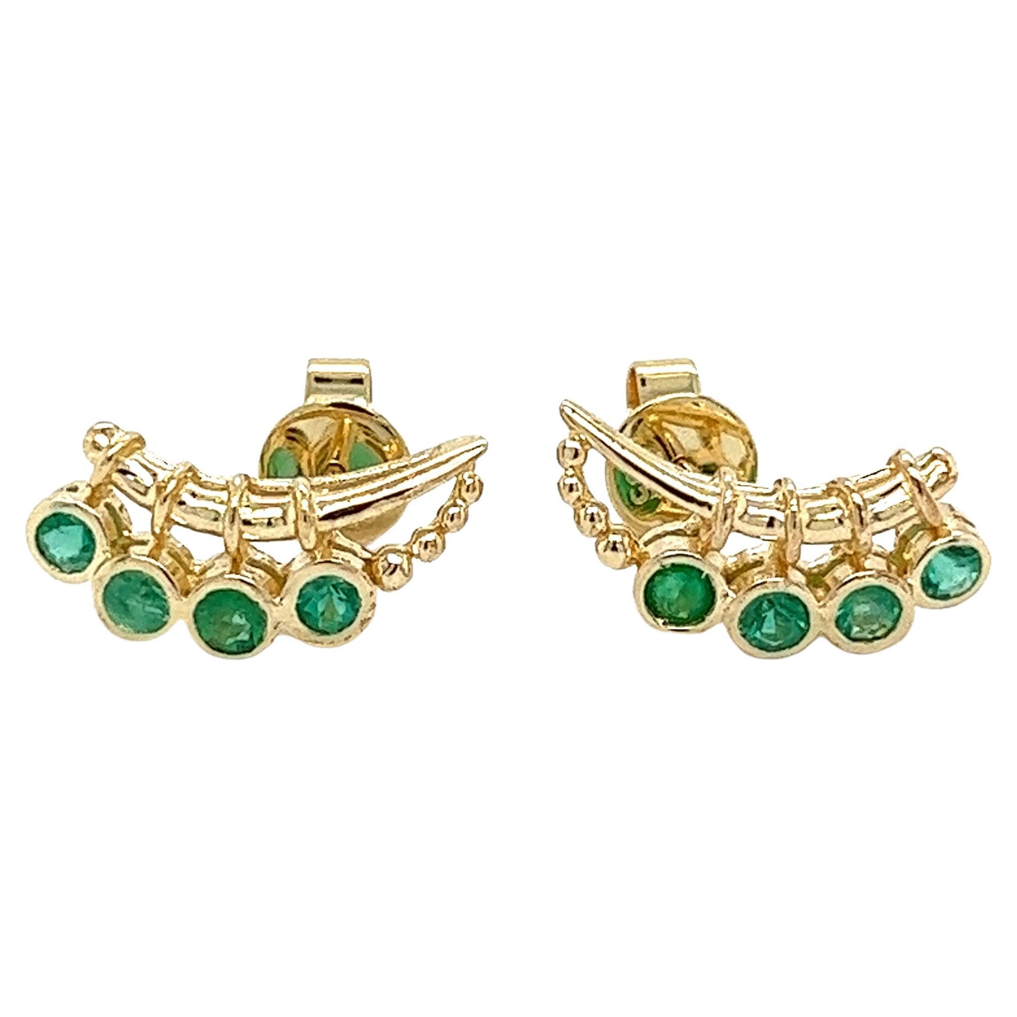 Round Emerald Ear Climber Earrings in 14K Gold For Sale