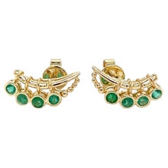 Round Emerald Ear Climber Earrings in 14K Gold