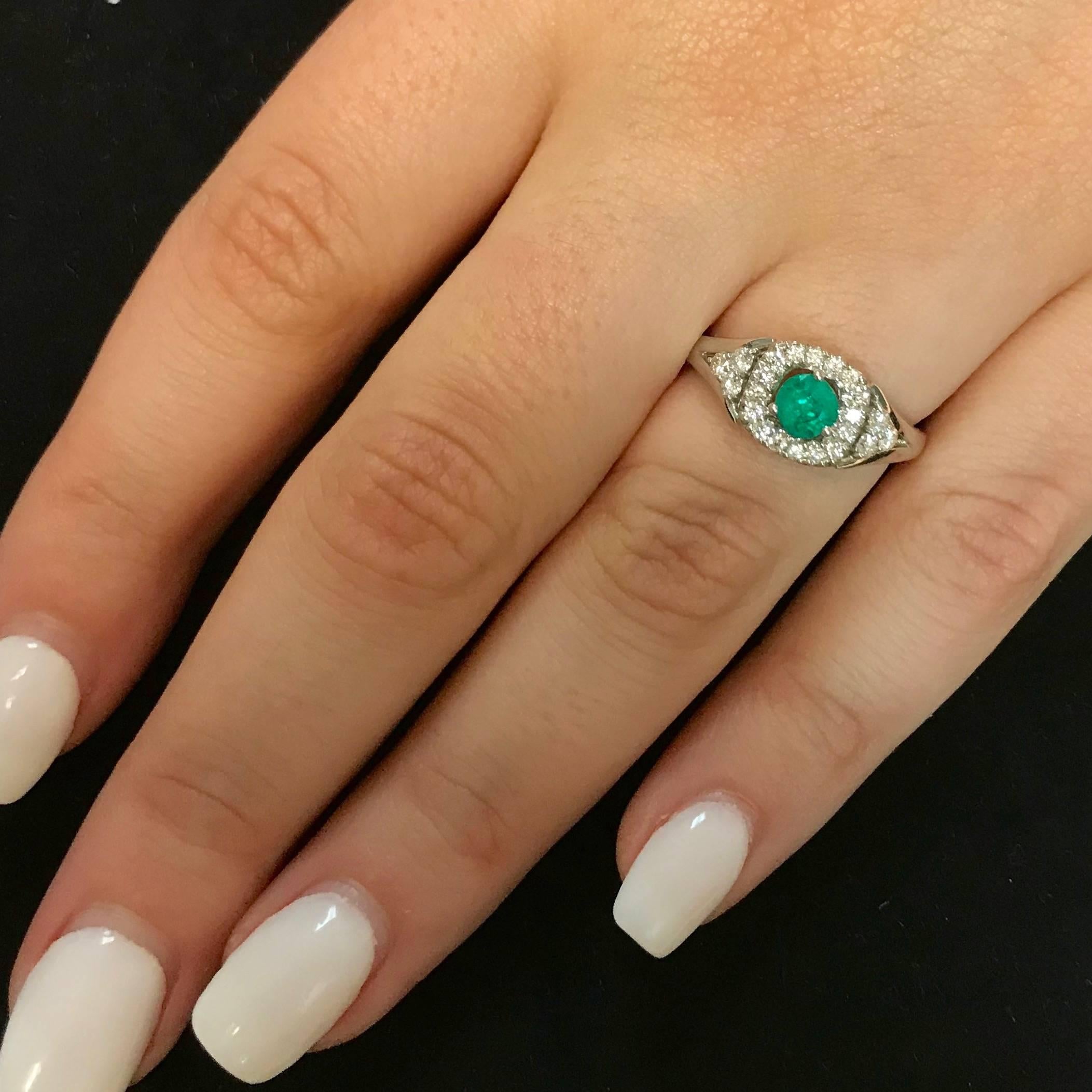 Contemporary Round Natural Emerald Square Diamond Halo Engagement Ring 14K White Gold