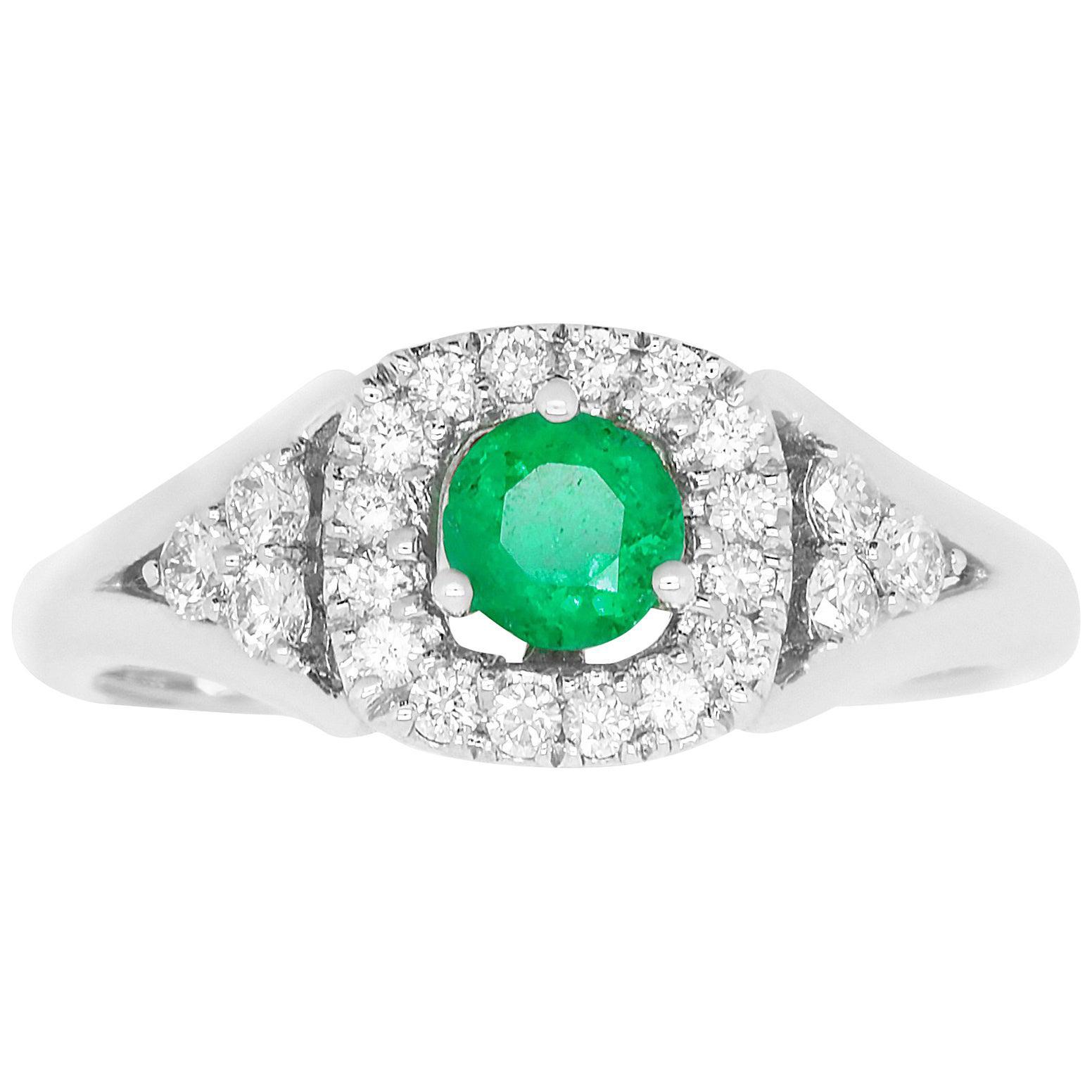 Round Natural Emerald Square Diamond Halo Engagement Ring 14K White Gold