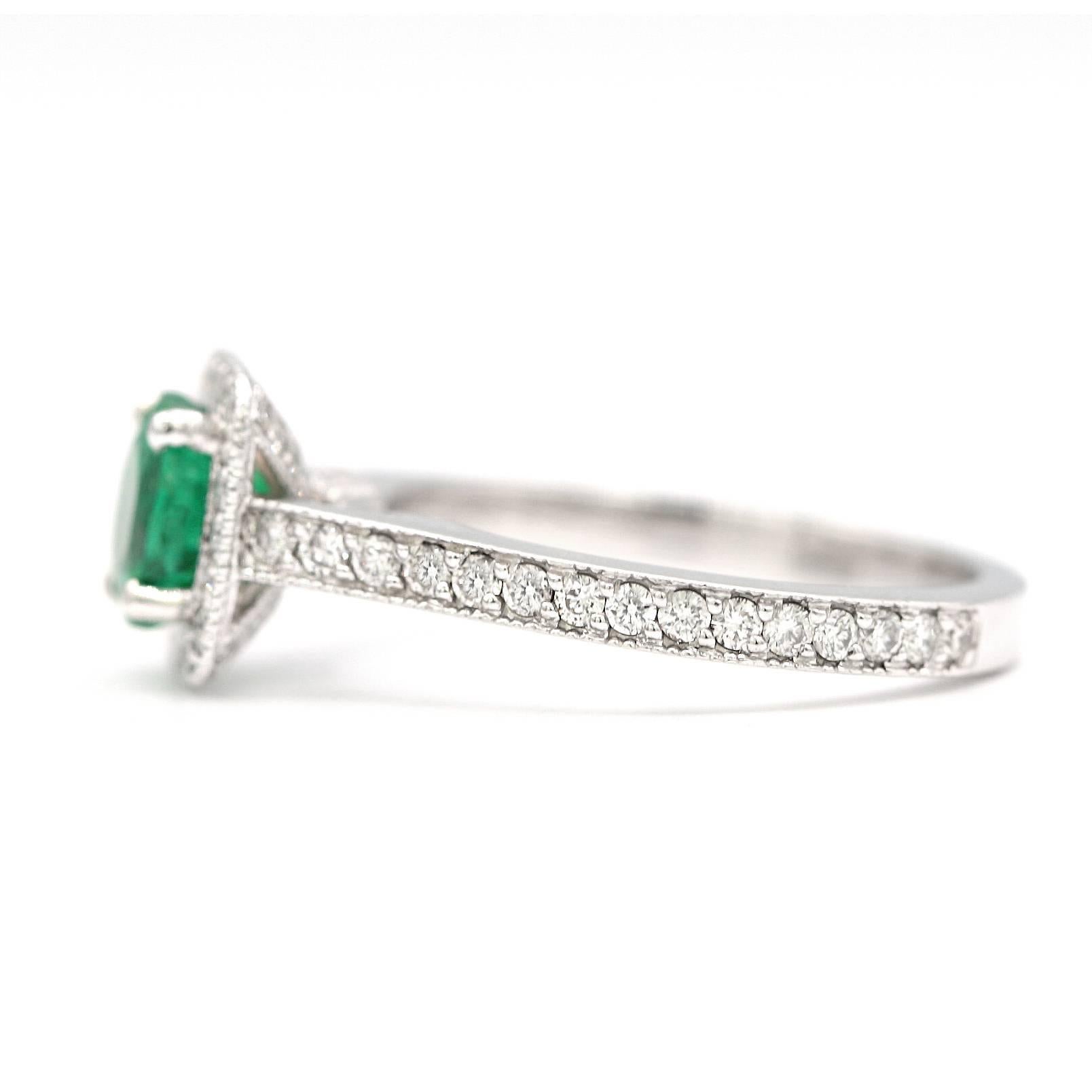 Women's or Men's Round Emerald Halo Ring 1.25 Carats AGL Certificate 14 Karat White Gold Ring For Sale