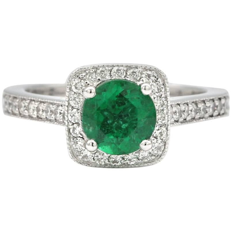 Round Emerald Halo Ring 1.25 Carats AGL Certificate 14 Karat White Gold Ring For Sale