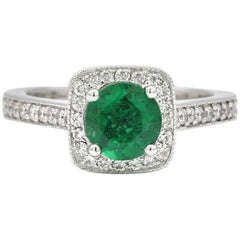 Round Emerald Halo Ring 1.25 Carats AGL Certificate 14 Karat White Gold Ring