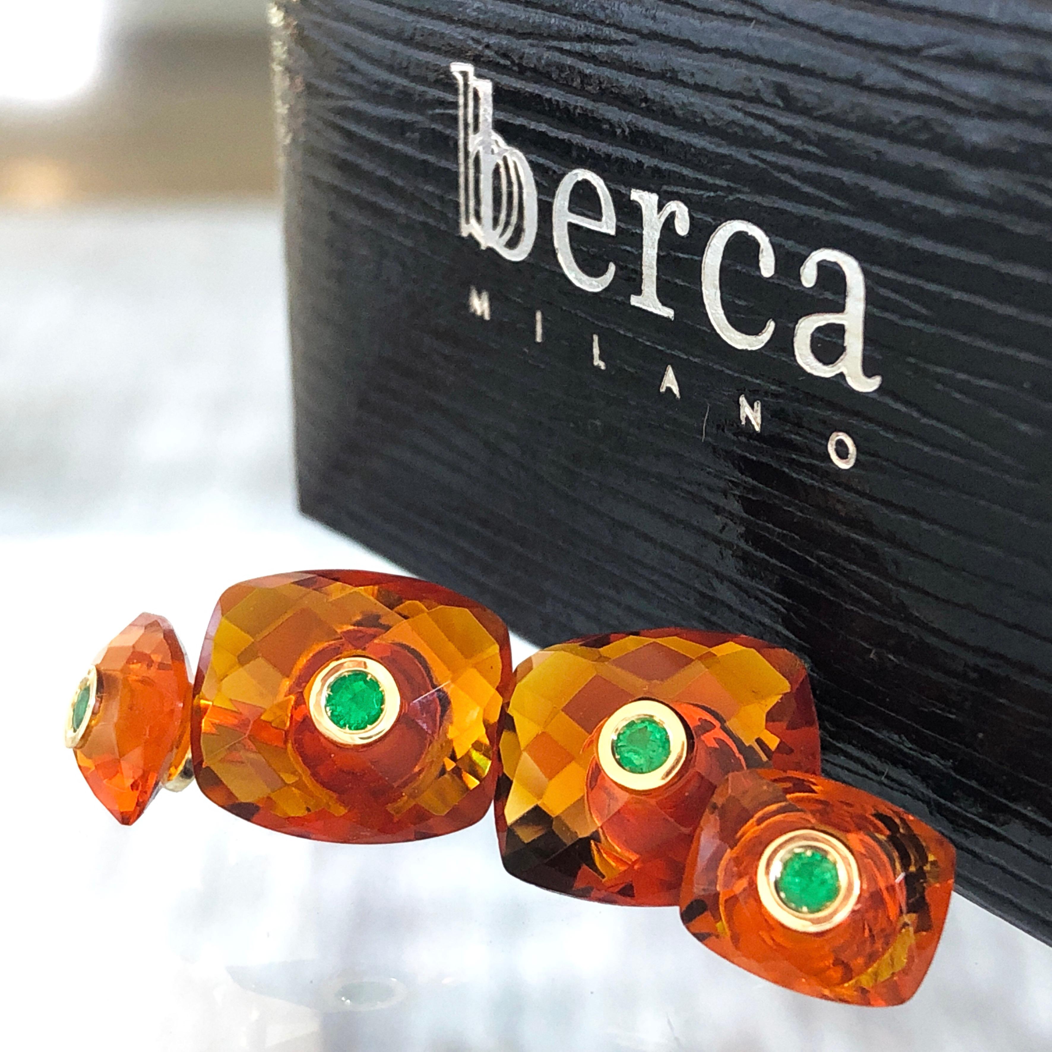 Contemporary Berca Emerald Hand Inlaid Faceted Citrine Quartz Setting Yellow Gold Cufflinks