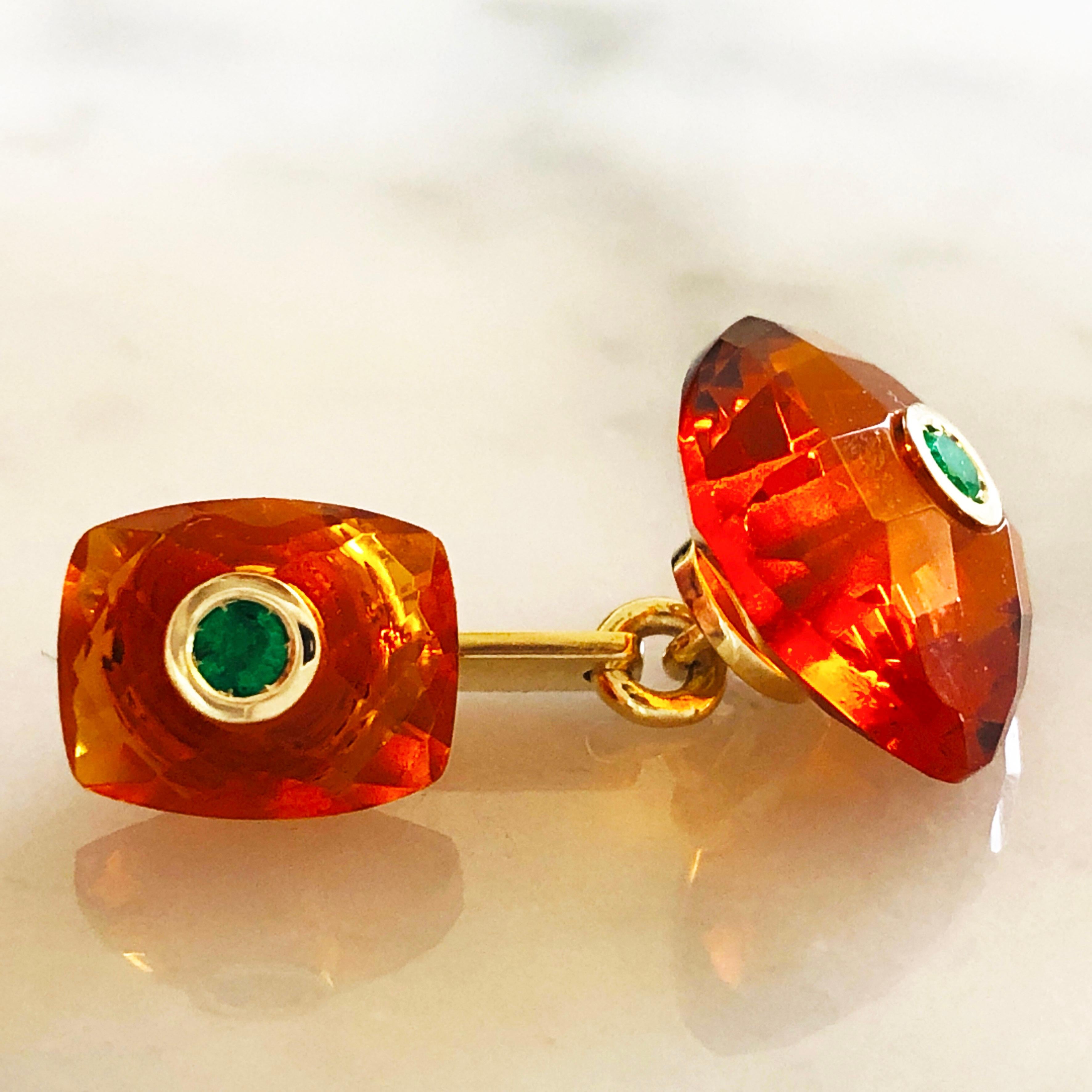 Emerald Cut Berca Emerald Hand Inlaid Faceted Citrine Quartz Setting Yellow Gold Cufflinks