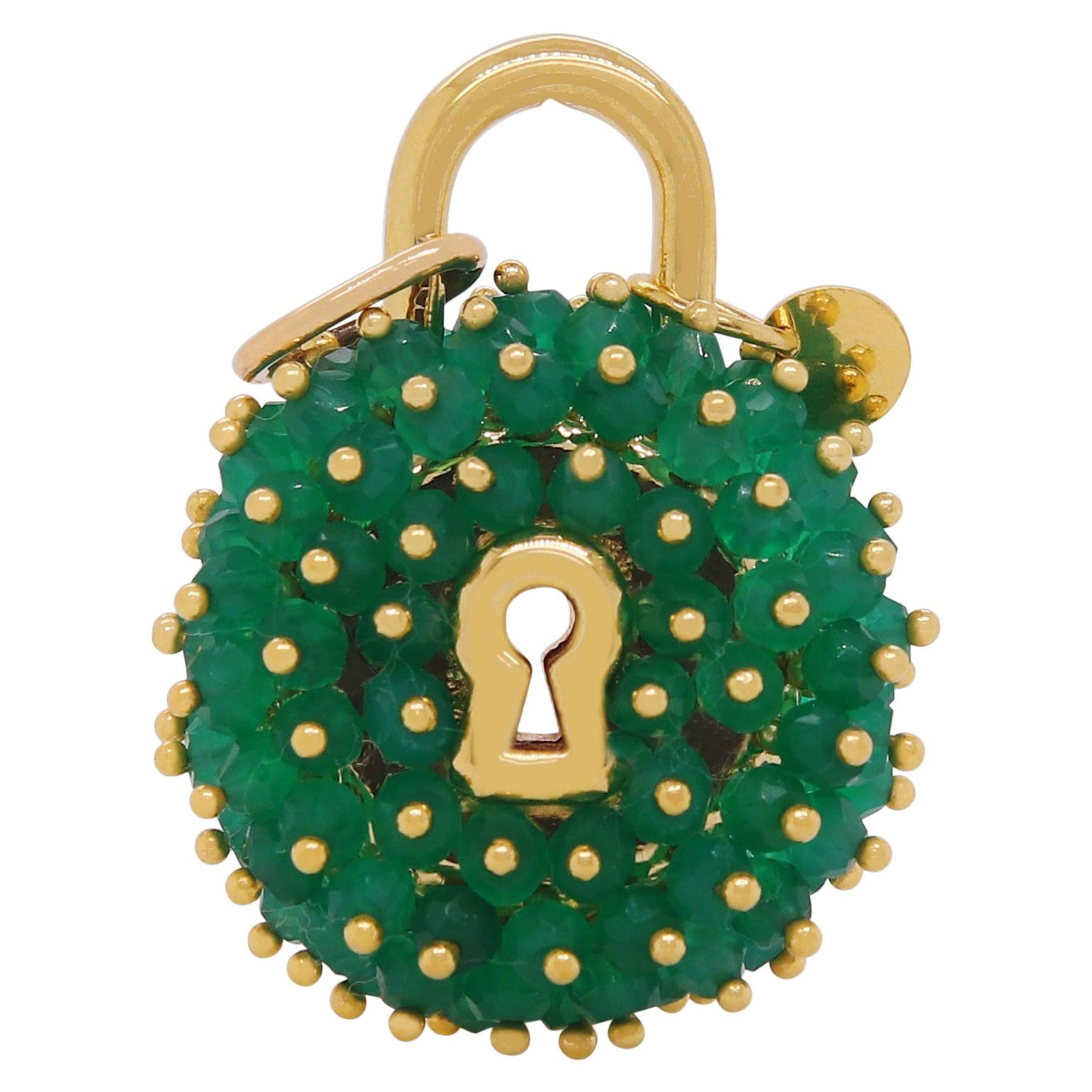 Round Emerald Lock Fashion Pendant Charm 14K Yellow Gold