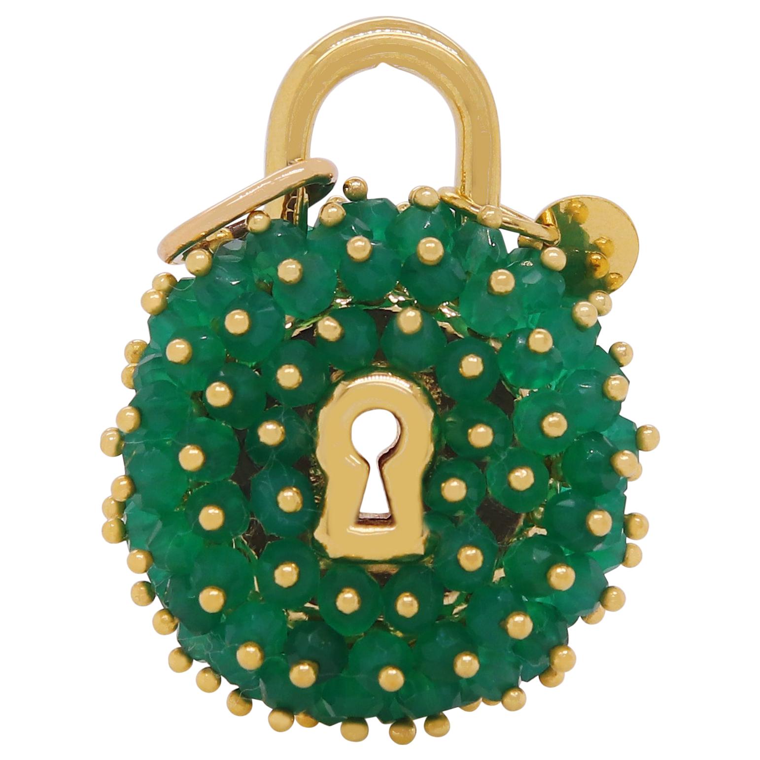 Round Emerald Lock Pendant Charm 14K Yellow Gold