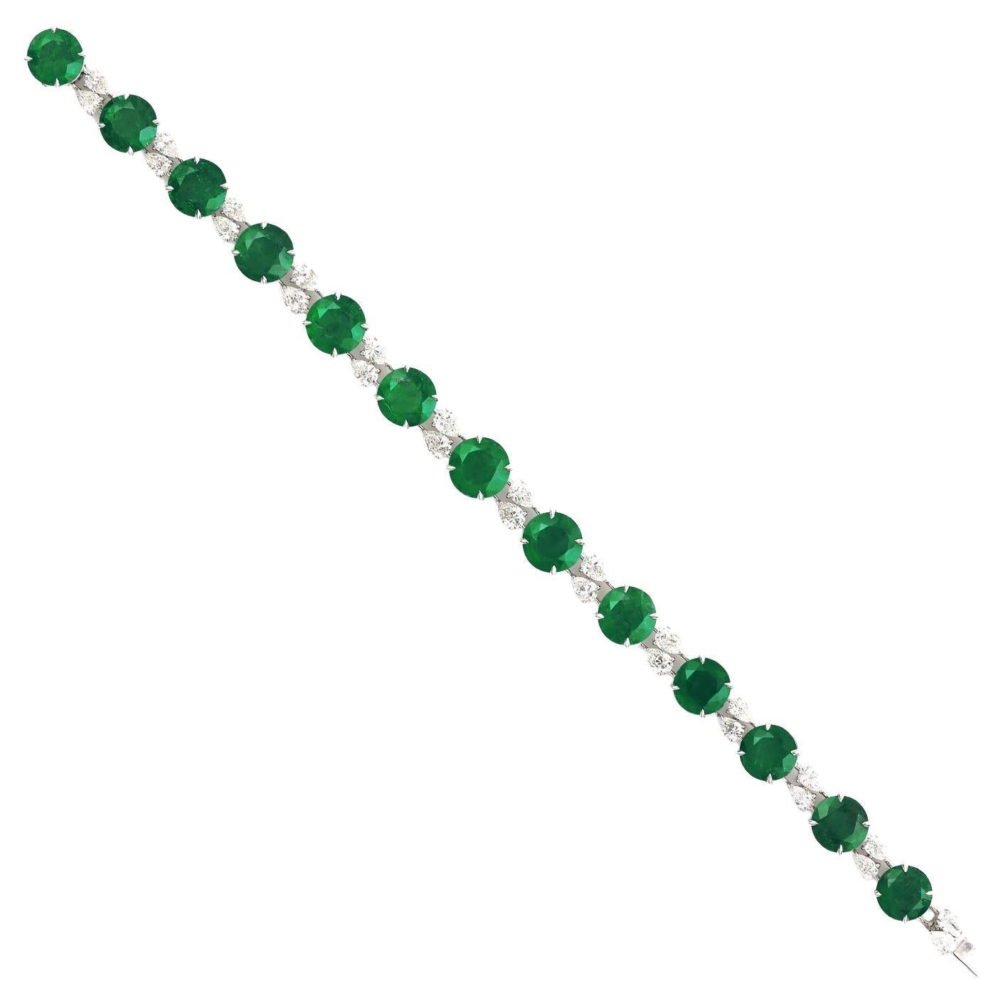 Round Emerald & Pear Cut Diamond Bracelet Made In 18K White Gold