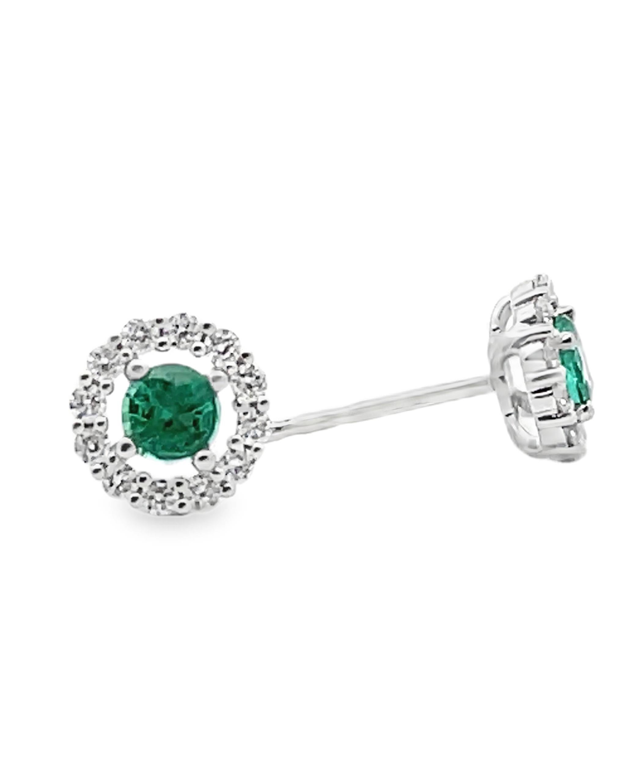 Round Cut Round Emerald Stud Earrings with Halo Diamonds and Pushbacks For Sale