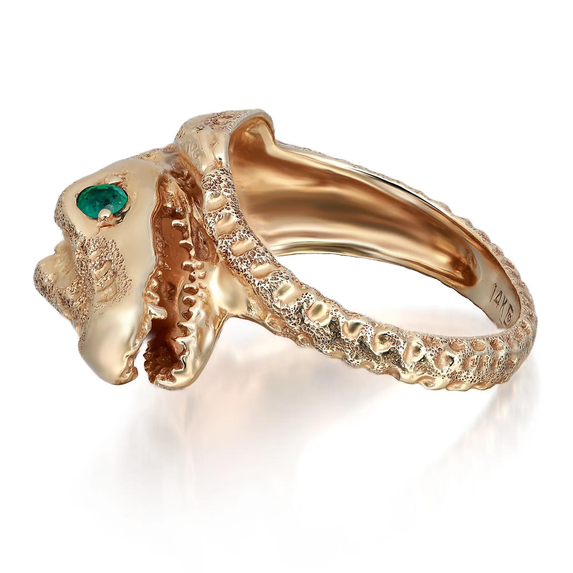 Runder Smaragd strukturierter Krokodil Ring 14K Gelbgold Größe 5,75 (Rundschliff) im Angebot
