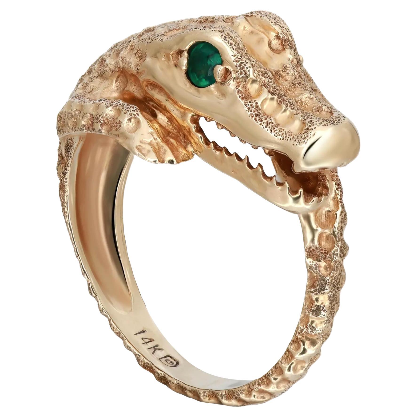 Round Emerald Textured Crocodile Ring 14K Yellow Gold Size 5.75