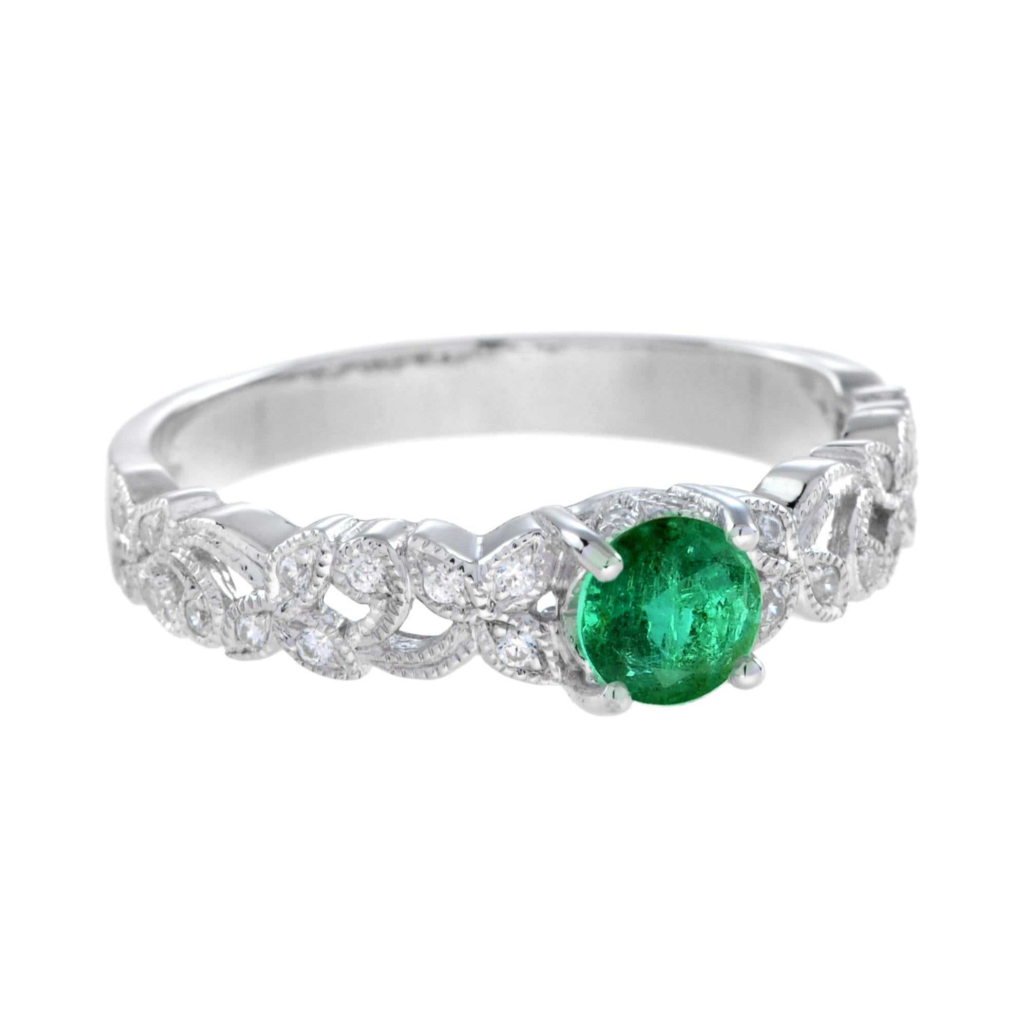Art Deco Round Emerald with Diamond Filigree Band Engagement Ring in 18K White Gold For Sale