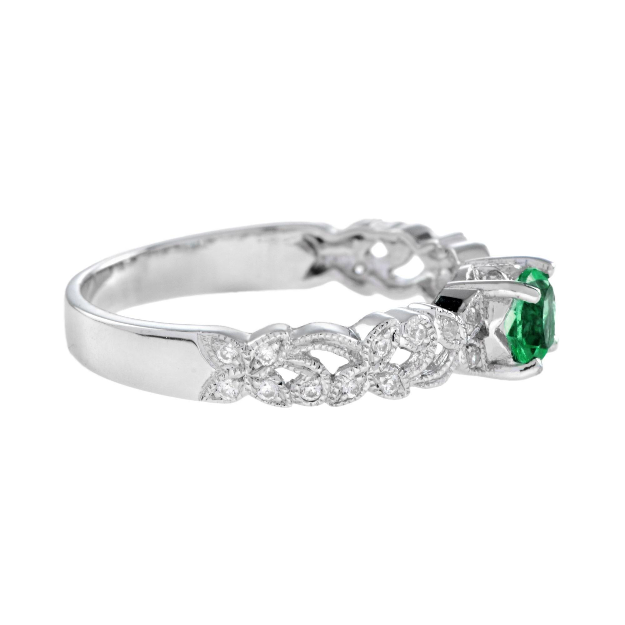 Round Cut Round Emerald with Diamond Filigree Band Engagement Ring in 18K White Gold For Sale