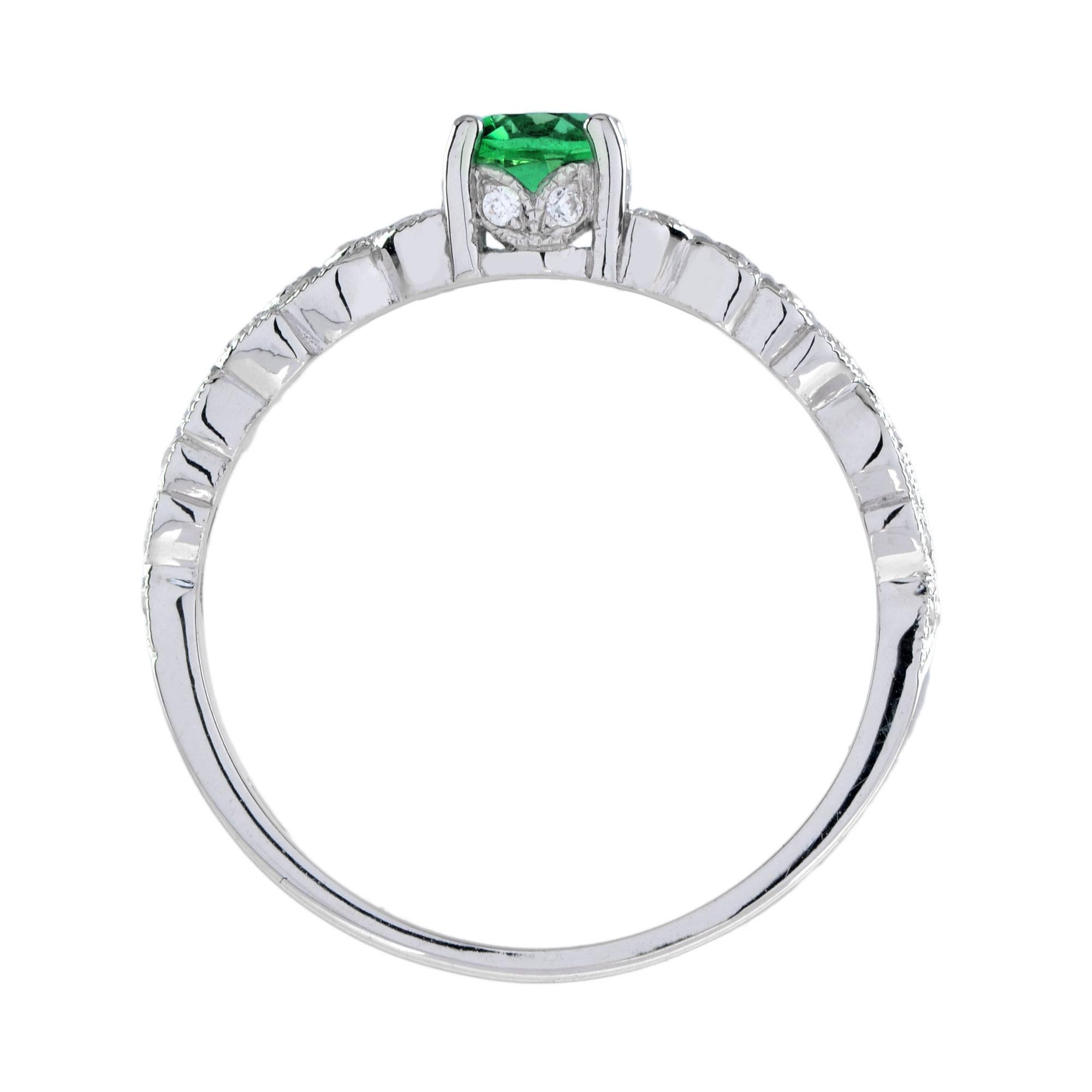 Women's or Men's Round Emerald with Diamond Filigree Band Engagement Ring in 18K White Gold For Sale