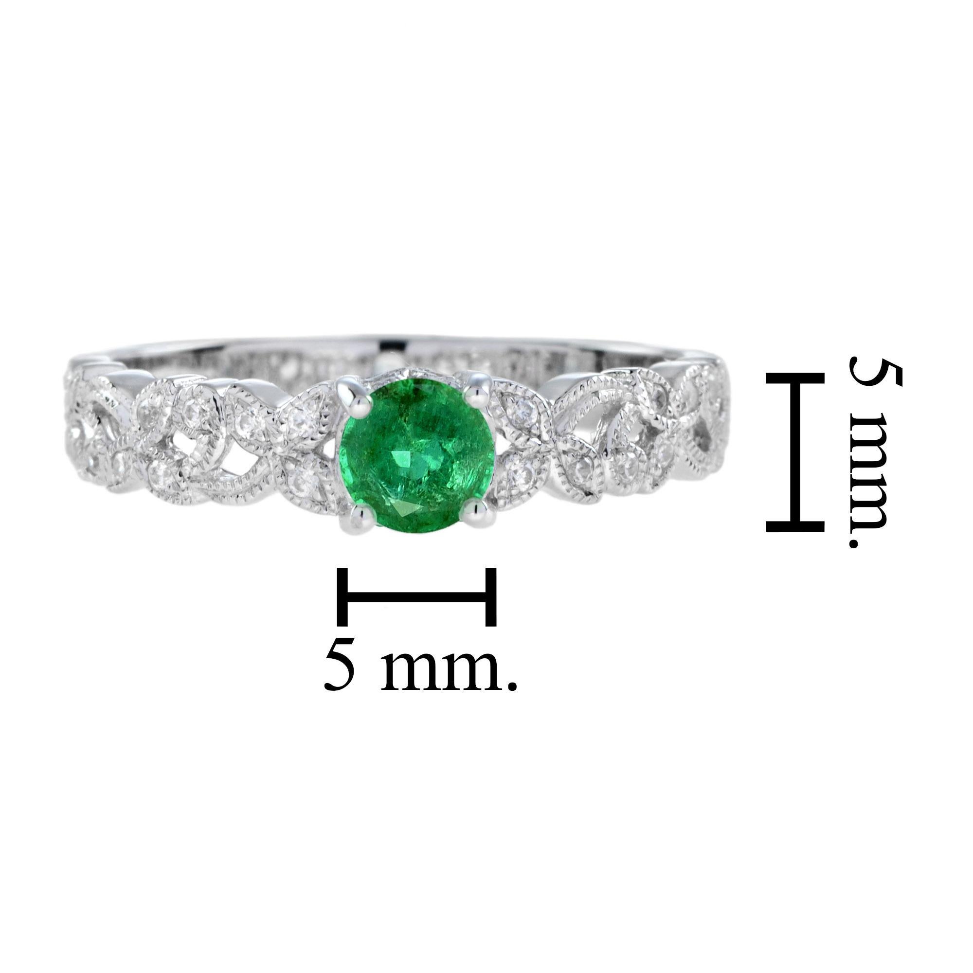 Round Emerald with Diamond Filigree Band Engagement Ring in 18K White Gold For Sale 1