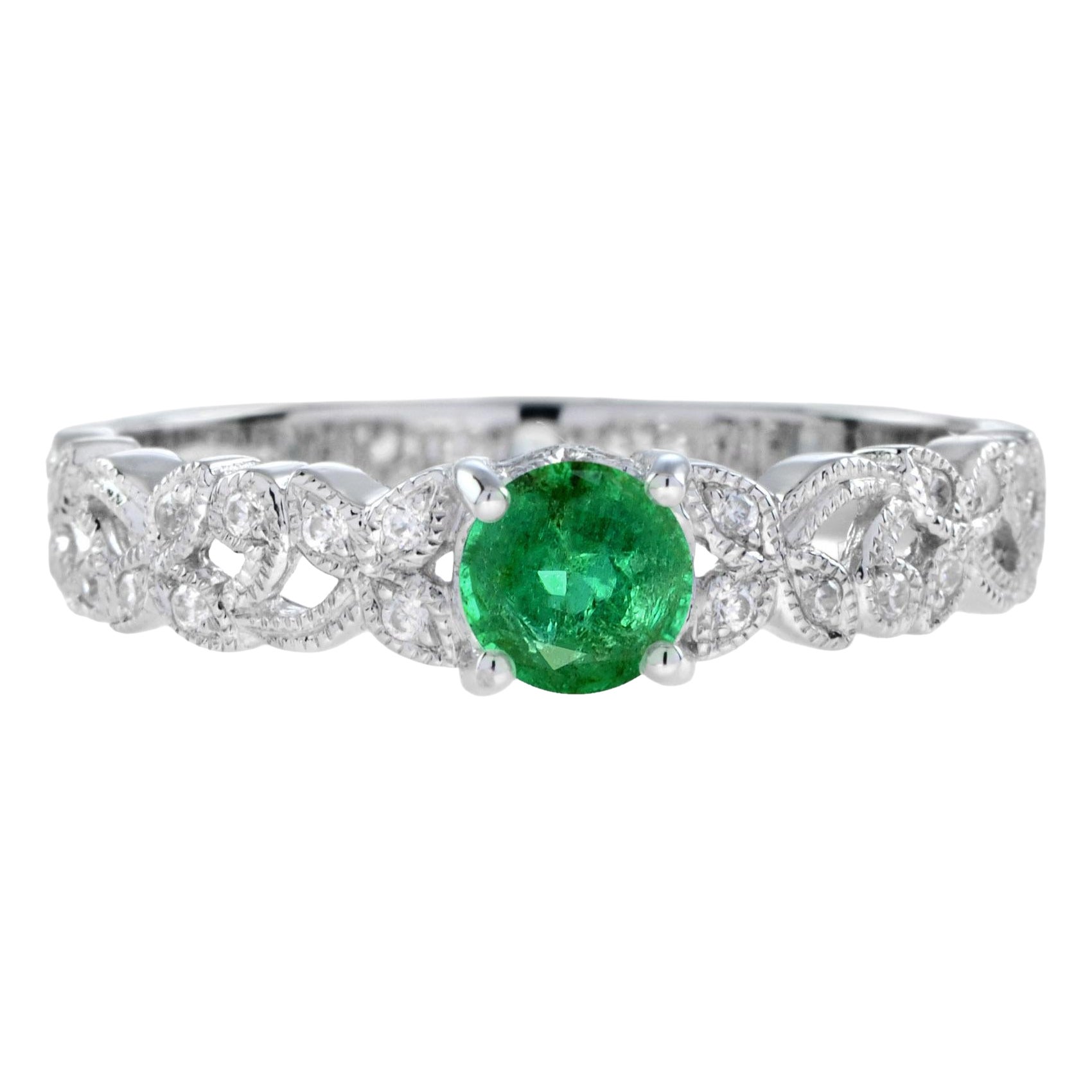 Round Emerald with Diamond Filigree Band Engagement Ring in 18K White Gold