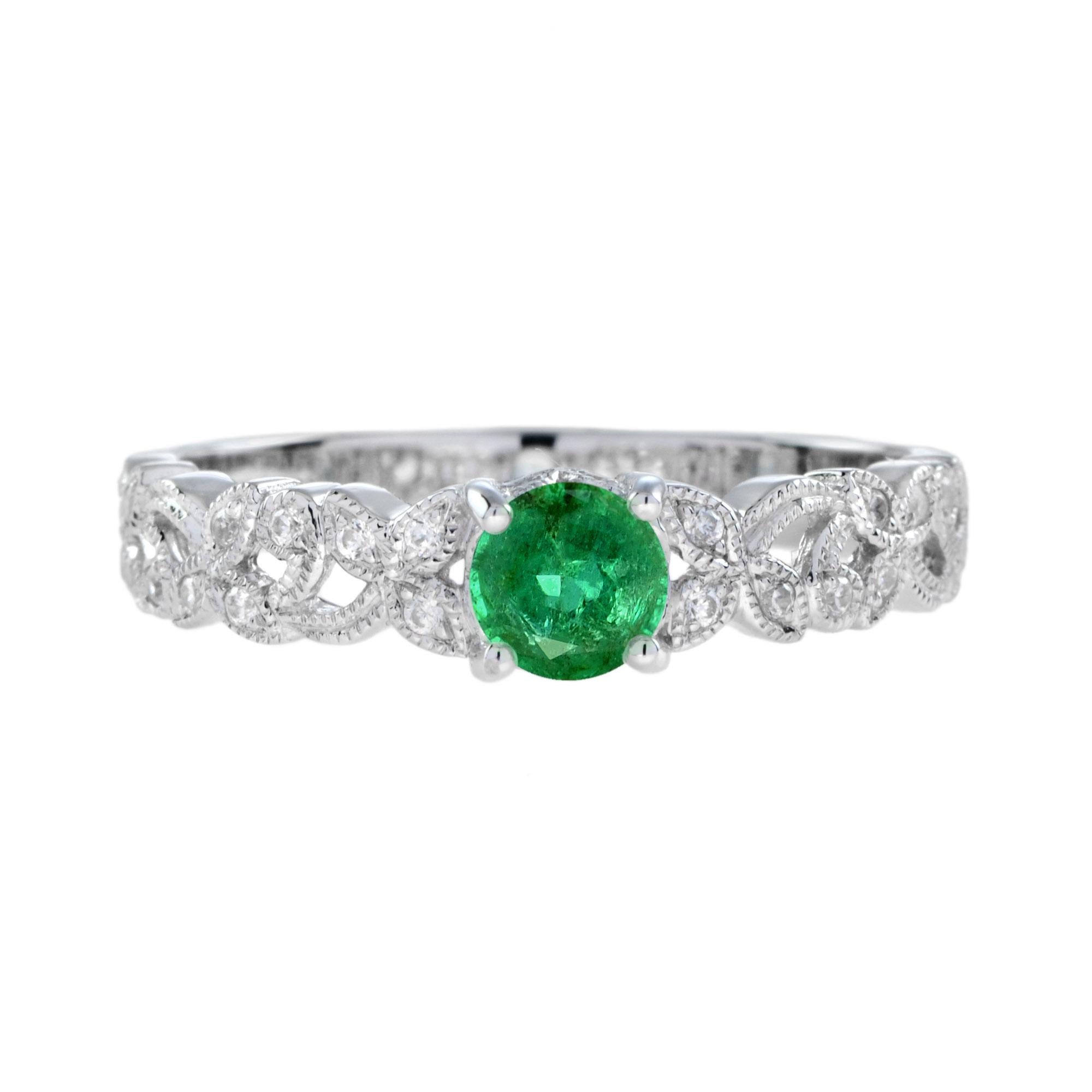 Round Emerald with Diamond Filigree Band Engagement Ring in 18K White Gold For Sale