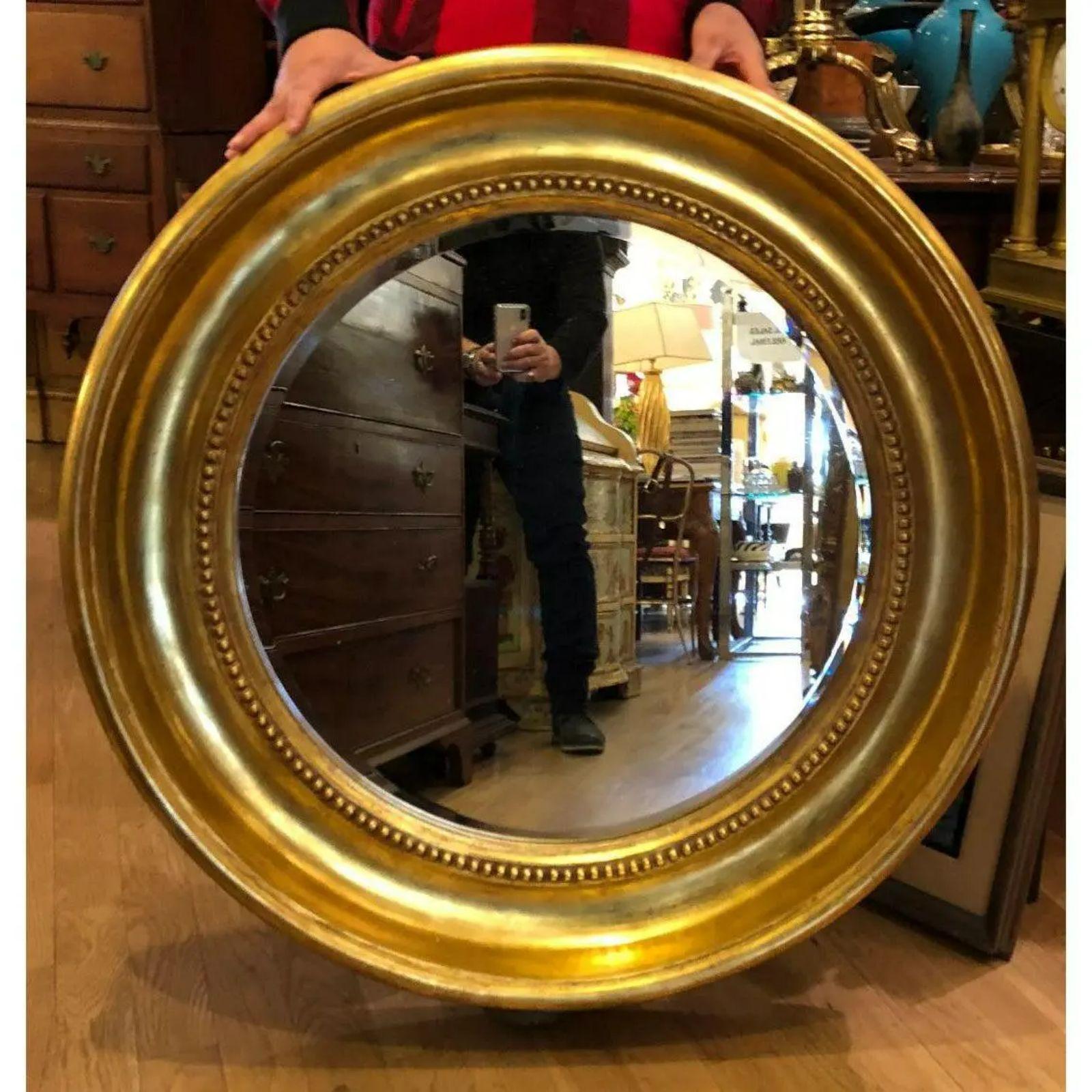 Round Empire style gold mirror by Randy Esada Designs. Beautiful gold gilding and beveled mirror.

Additional information: 
Materials: Giltwood, Gold, Mirror
Color: Gold
Brand: Randy Esada Designs for Prospr
Designer: Randy Esada Designs for