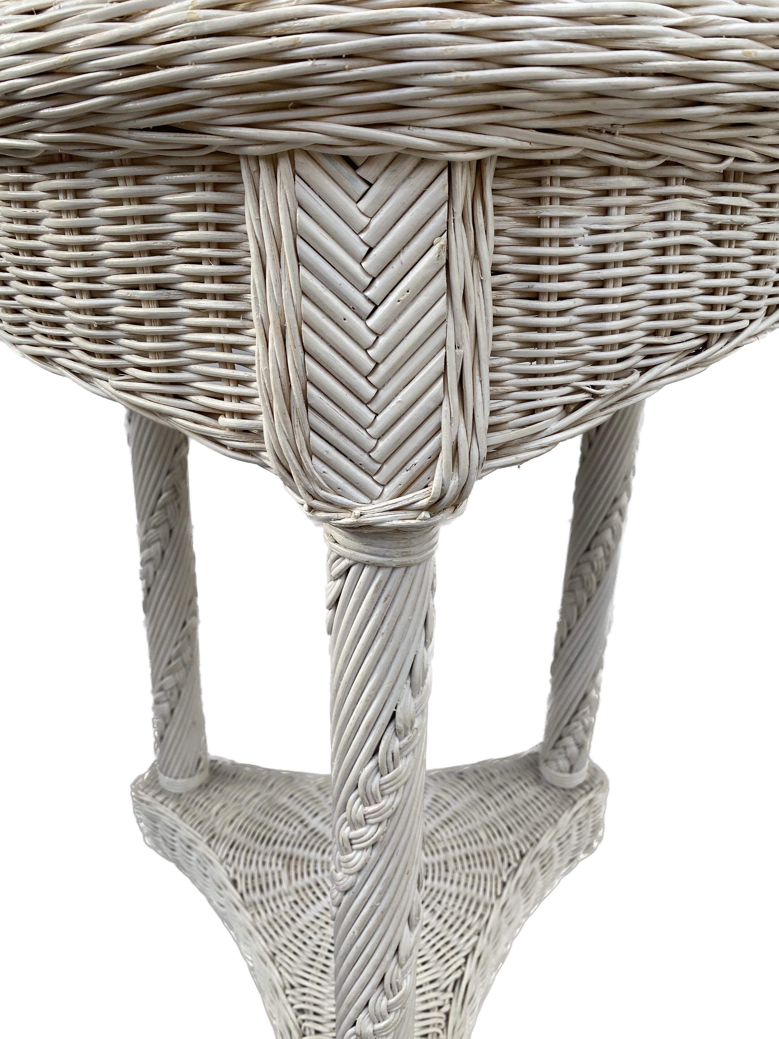 20th Century Round Empire Style White Woven Wicker Column Side End Table For Sale