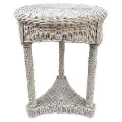 Round Empire Style White Woven Wicker Column Side End Table