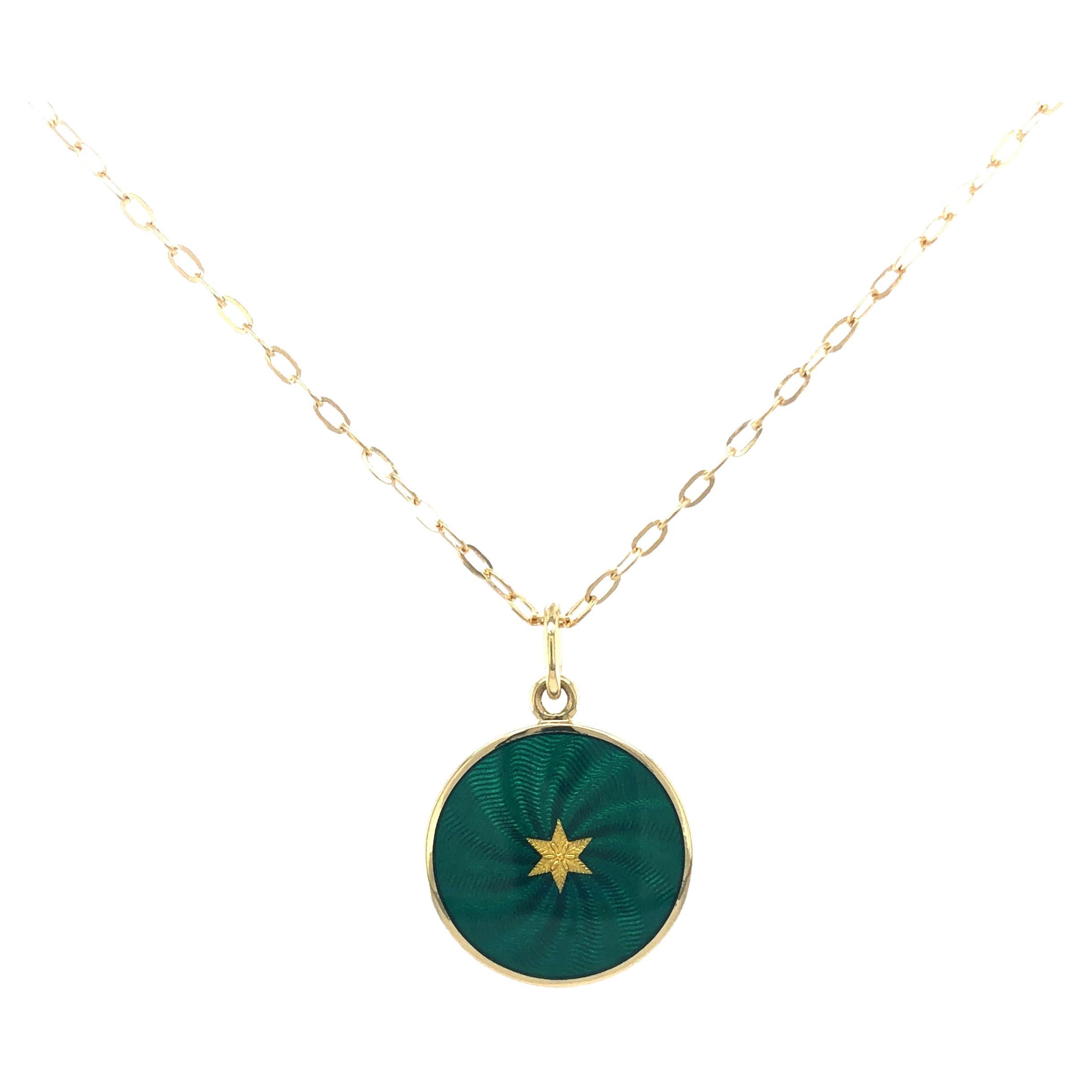 Round Disk Pendant, 18k Yellow Gold, Dark Green Enamel Guilloche Gold Paillons For Sale