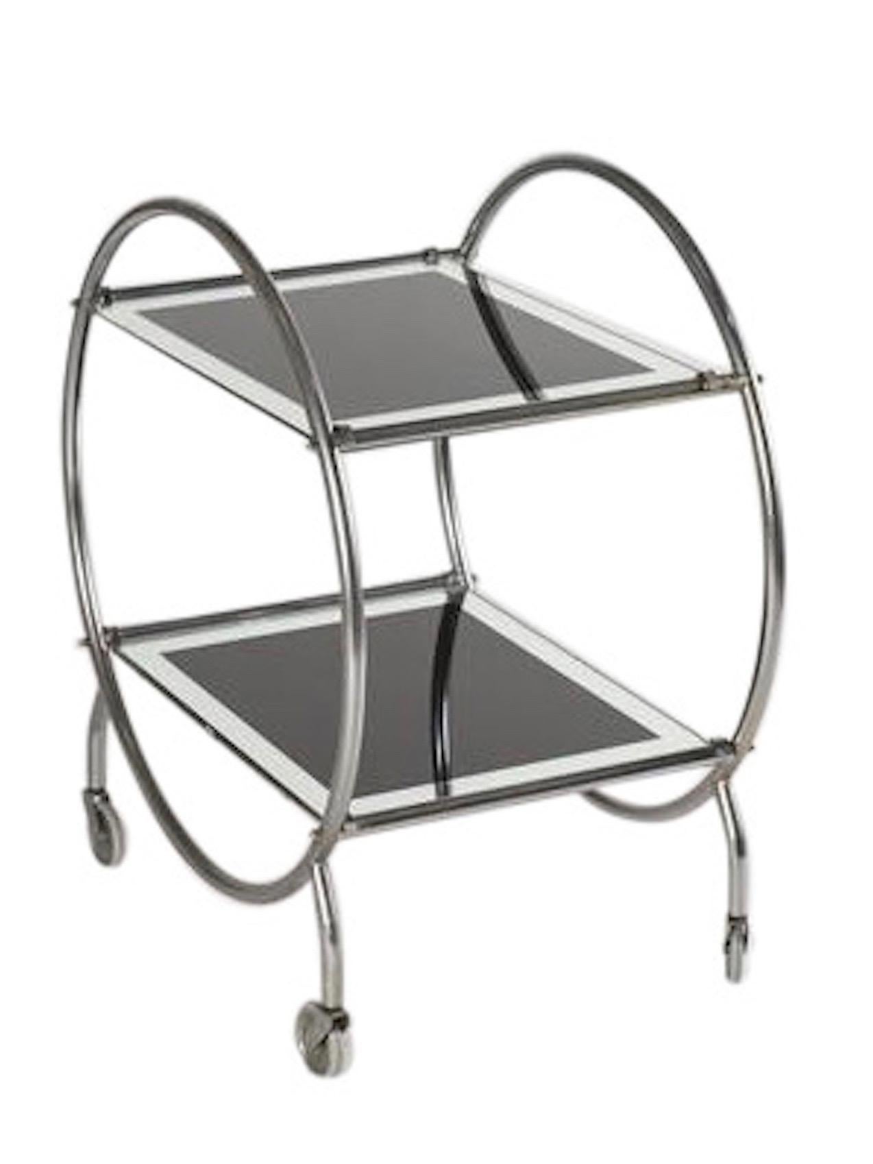 Polychromed Round English Bar Cart in Original Chrome with Glass Shelves, 1930s For Sale