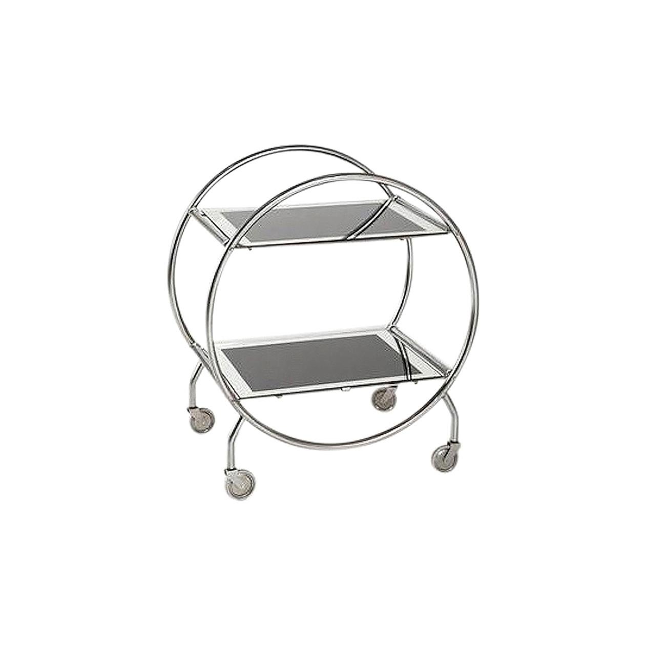 Round English Bar Cart in Original Chrome with Glass Shelves, 1930s For Sale