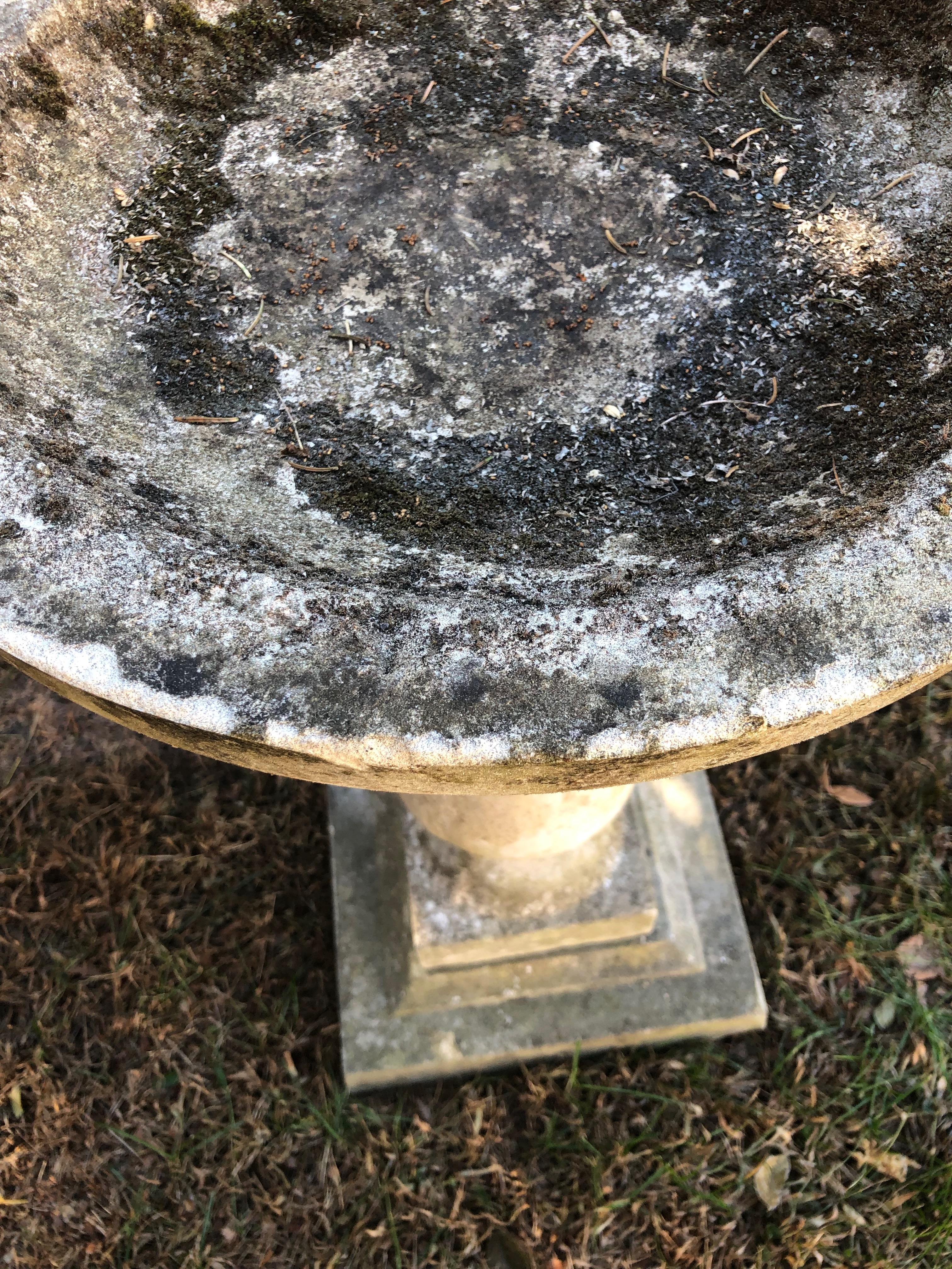 Round English Cast Stone Birdbath with Lovely Patina 7