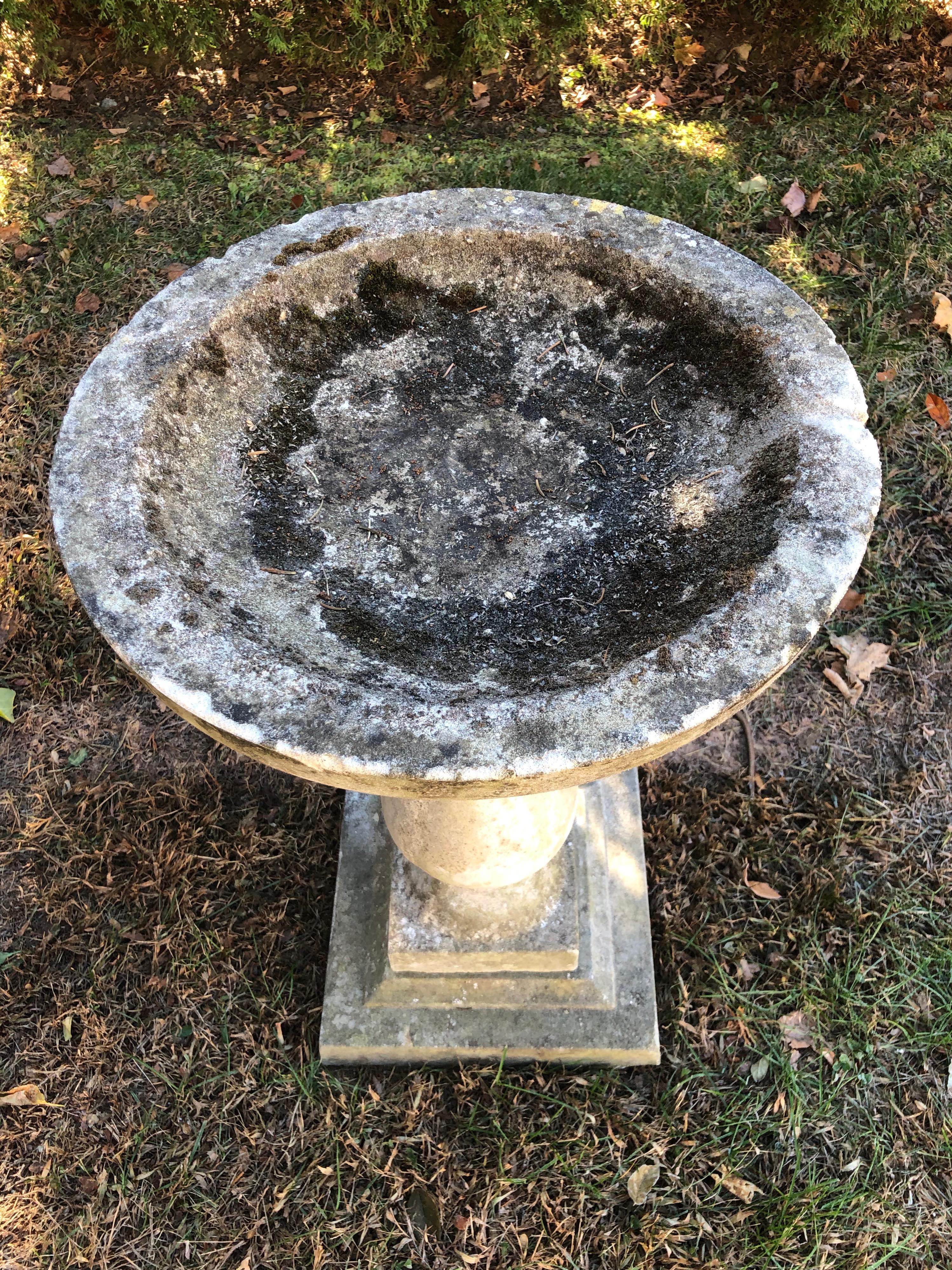 It’s very difficult these days to find good birdbaths, but the one has excellent form, a nice size, and lovely patina. In three pieces for easy transport and assembly, it would make a smart addition to a small herb garden or low planting with