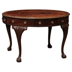 Round English Mahogany Rent Table with Cabriole Legs, Paw Feet, & Brown Leather 