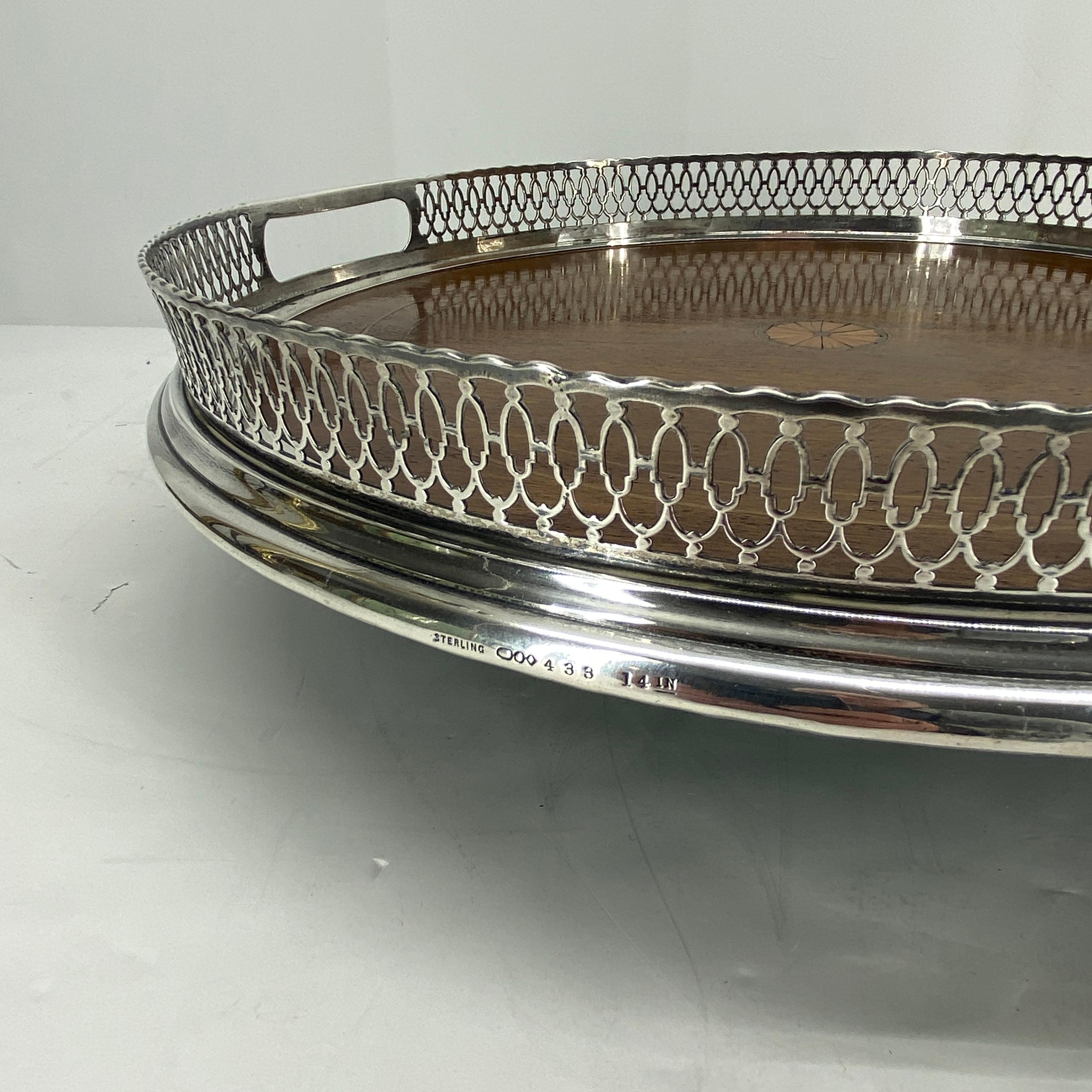 Victorian Round English Sterling Silver Gallery Tray with Wood Base and Pierced Border