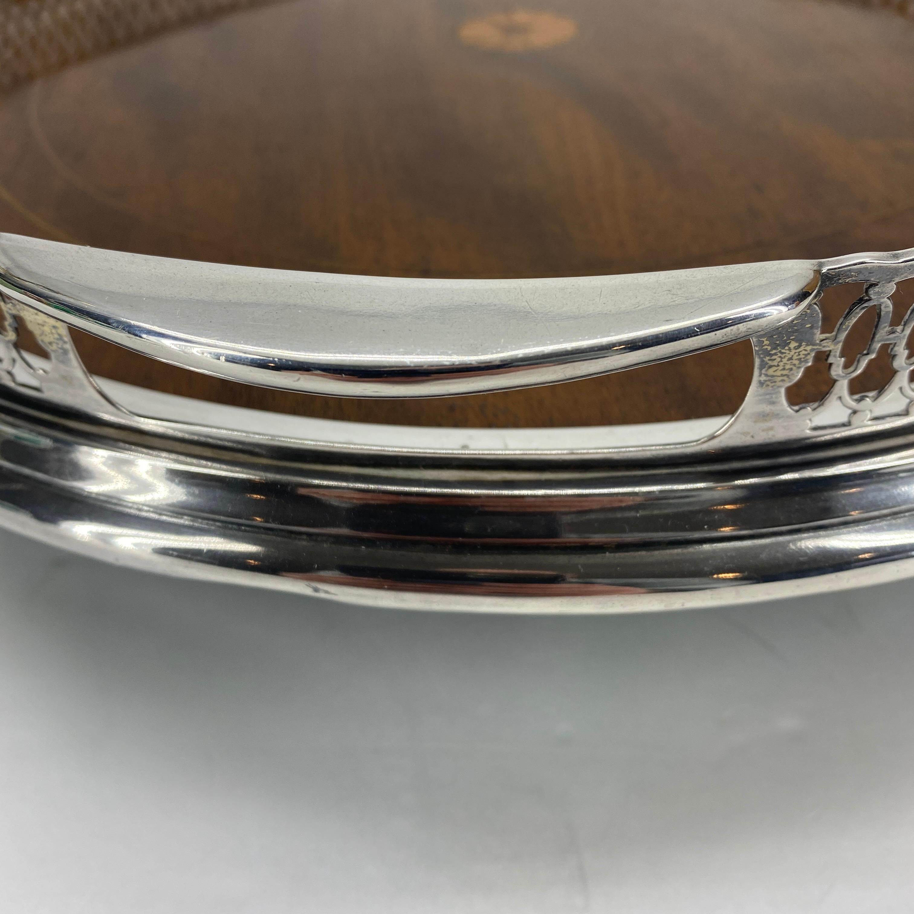 Early 20th Century Round English Sterling Silver Gallery Tray with Wood Base and Pierced Border