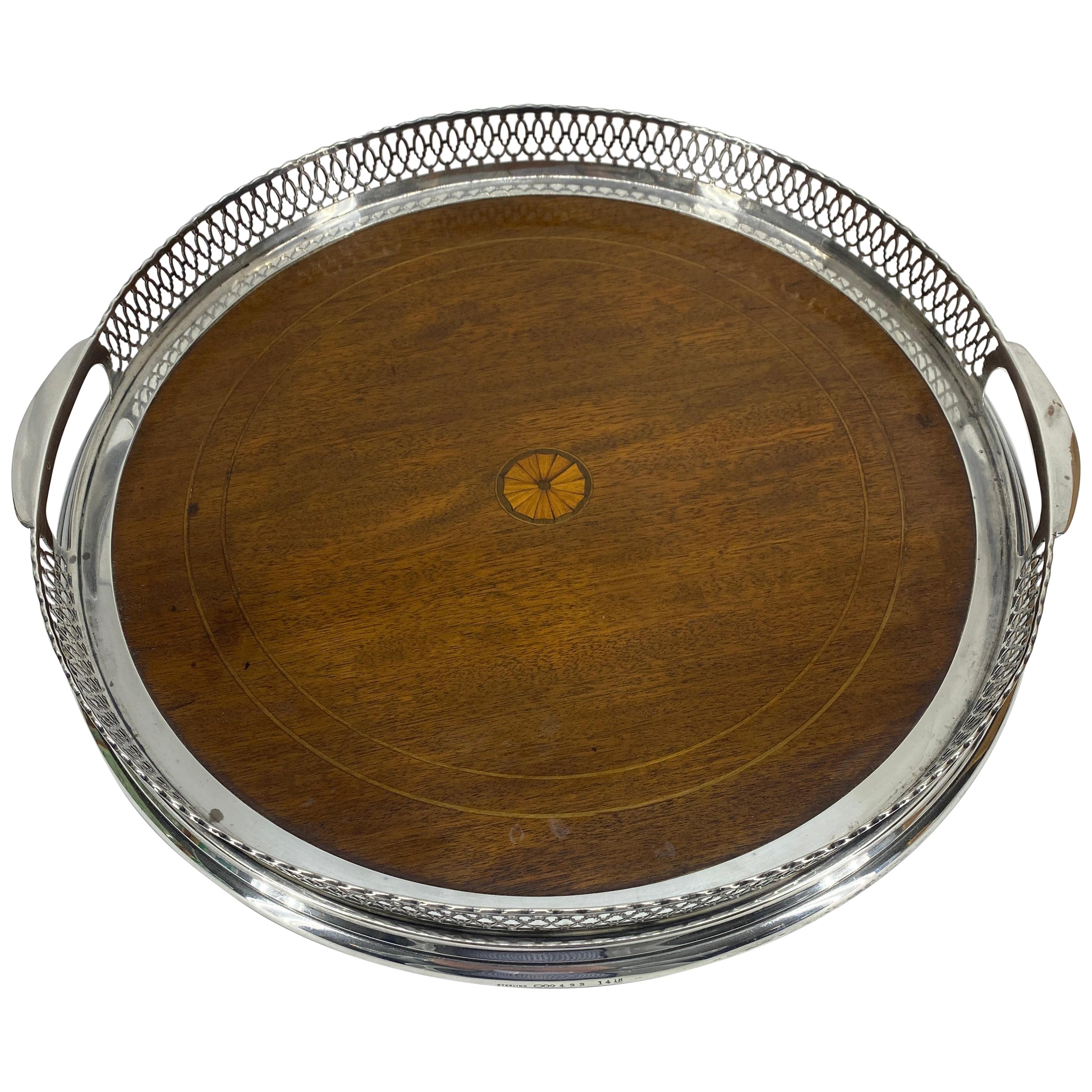 Round English Sterling Silver Gallery Tray with Wood Base and Pierced Border