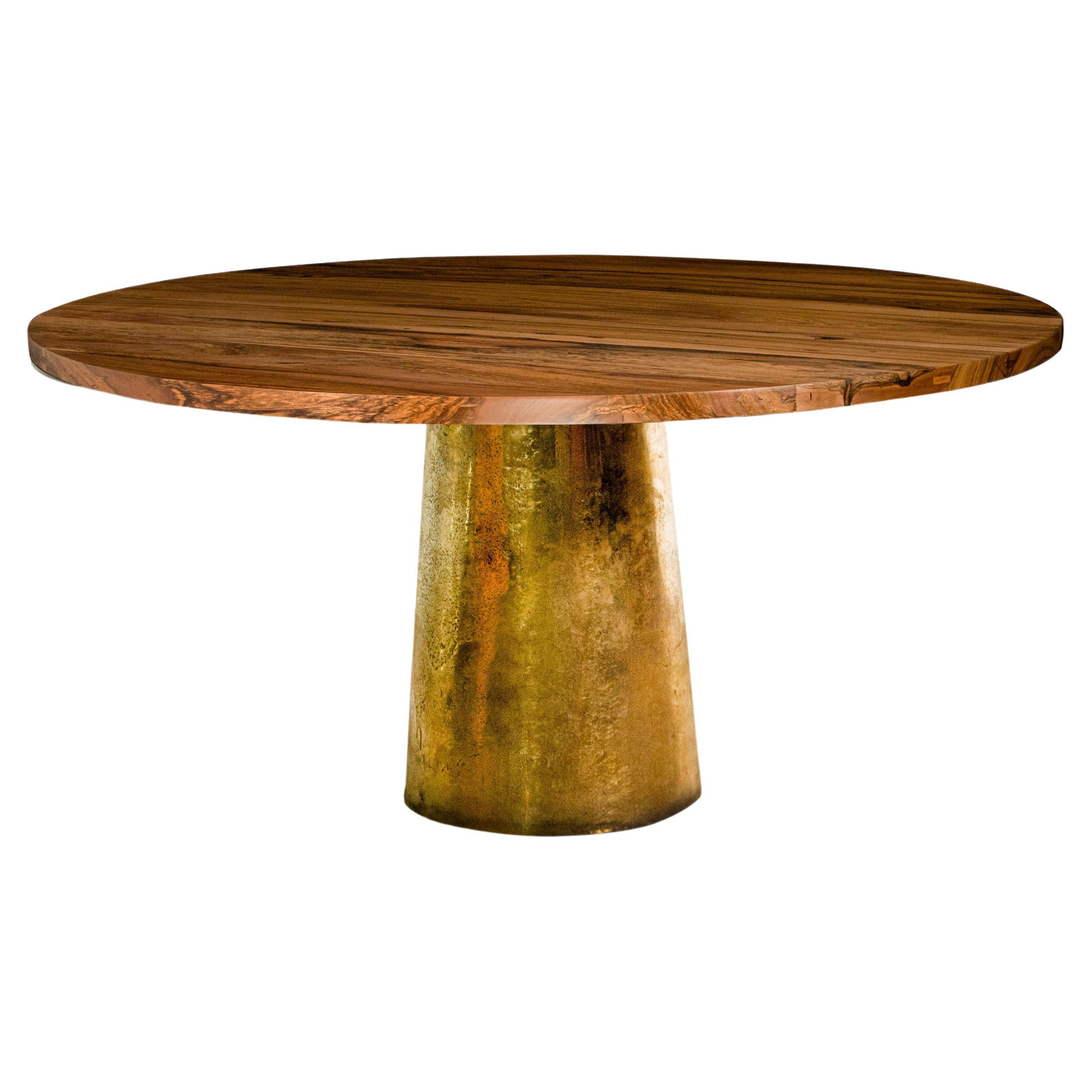 Table de salle à manger ronde à piédestal en bois exotique moulé en bronze par Costantini, Benino