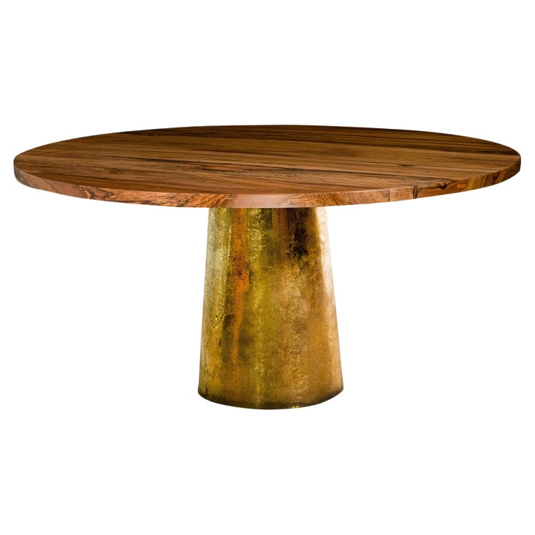 Round Exotic Wood Cast Bronze Pedestal Dining Table by Costantini